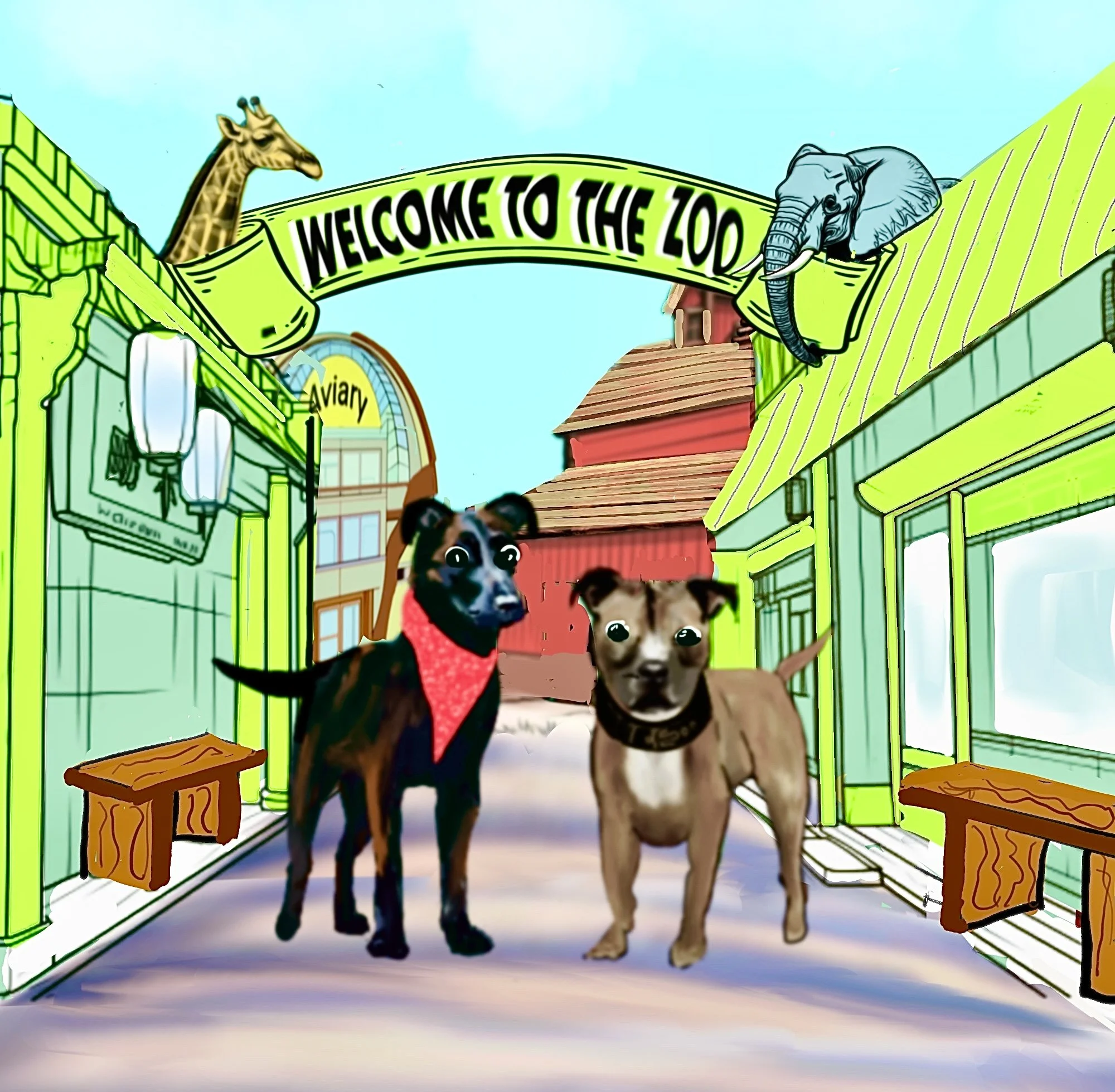 Two dogs standing in front of a colorful cartoon-style zoo entrance archway that says 'Welcome to the Zoo.' The background includes cartoon animals like a giraffe and an elephant, as well as buildings, and the scene is bright with a blue sky.