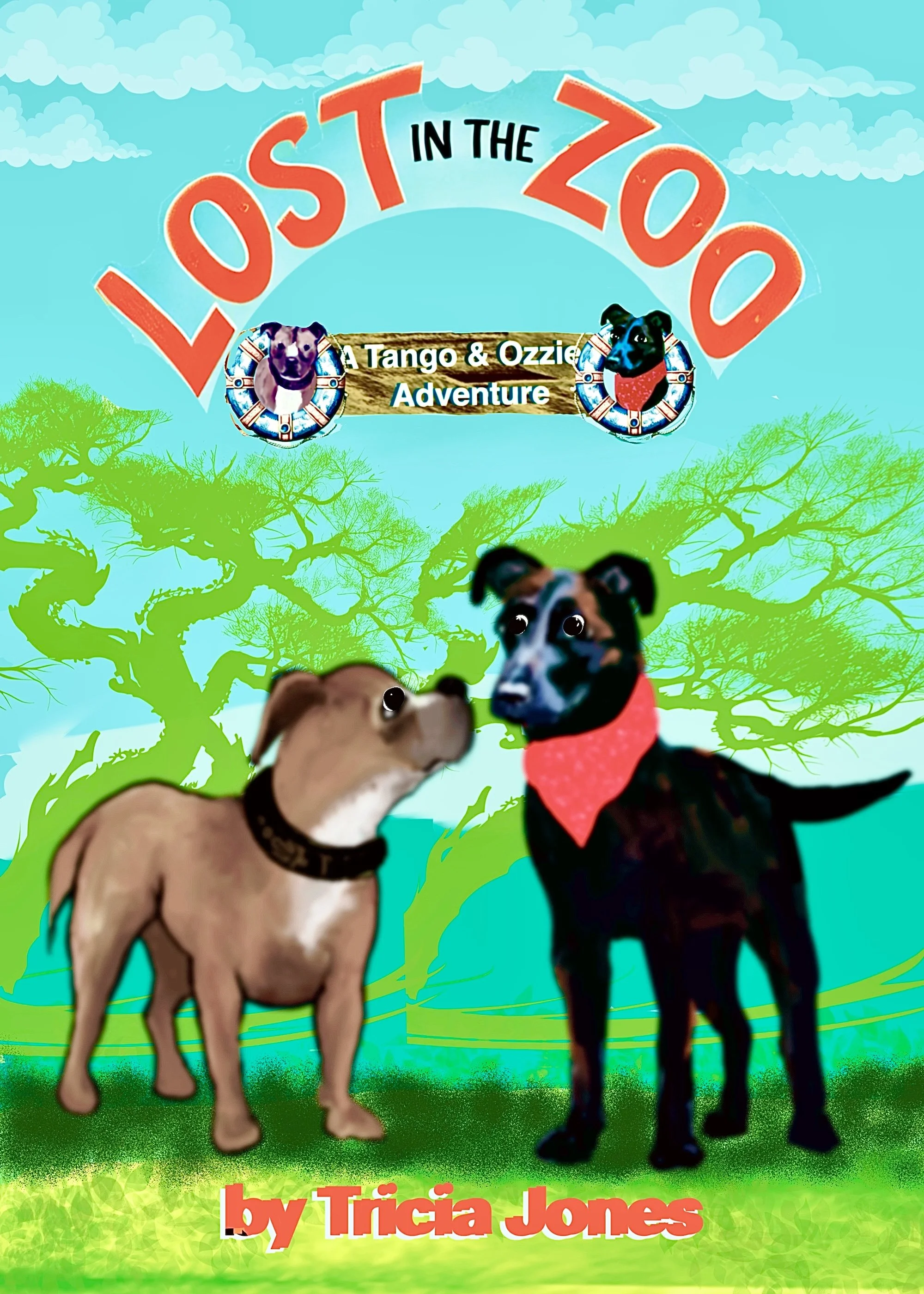 Book cover titled "Lost in the Zoo," featuring illustrations of two dogs and a tree in the background, with the author named Tricia Jones.