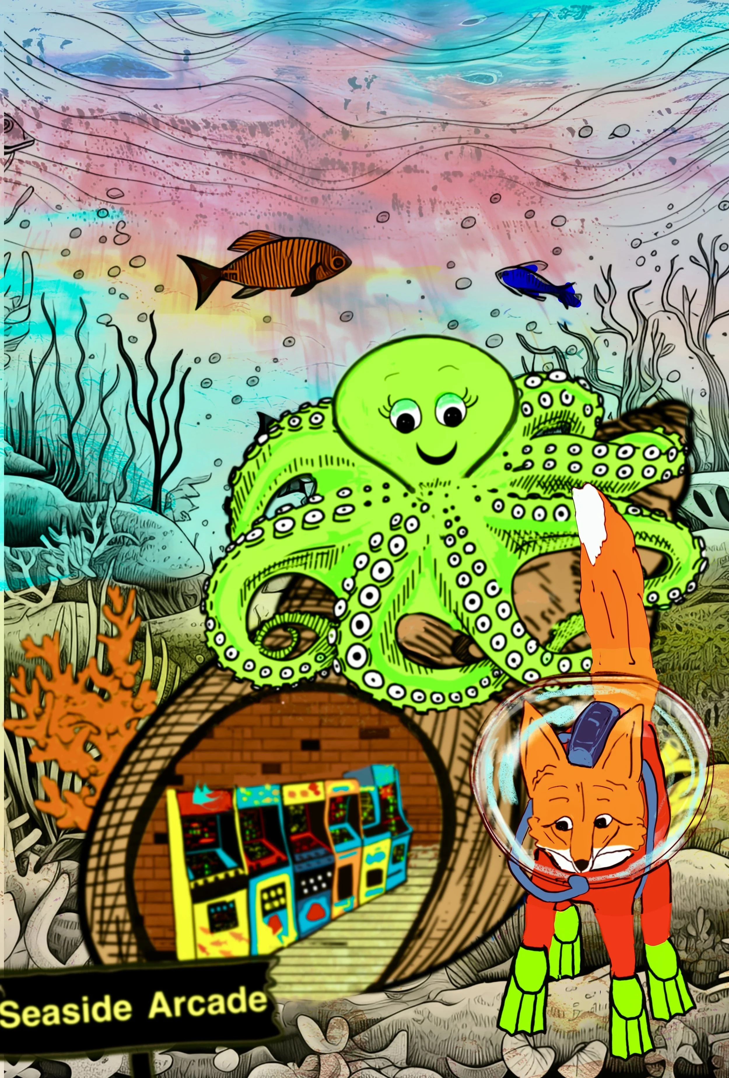 Colorful underwater scene featuring cartoon fish, an octopus with a happy face, a fox in a space suit, and an arcade entrance labeled "Seaside Arcade" with orange coral and seaweed surrounding it.