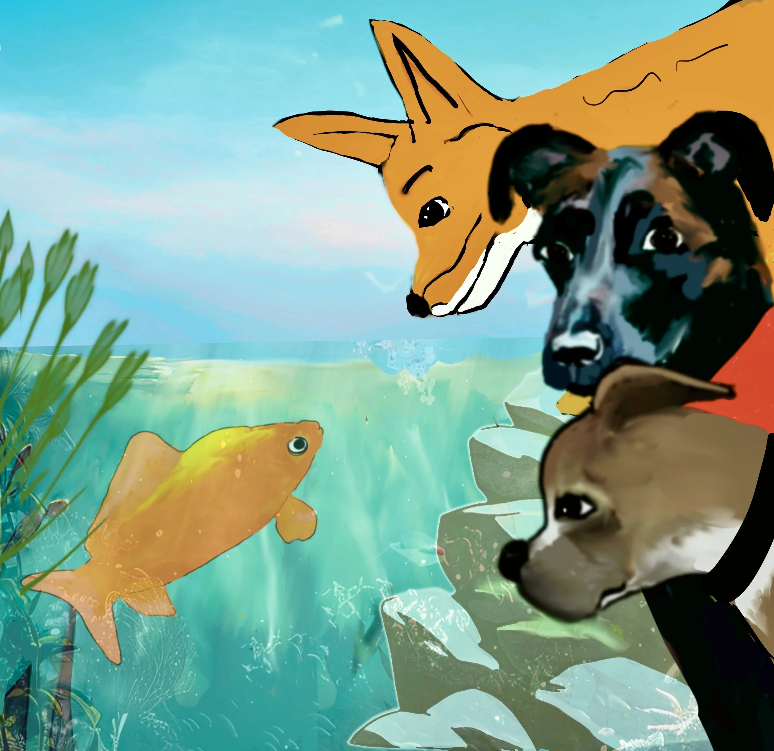 Illustration of a digital rendering showing Hunde characters and a fish in a pond, with a bright sky in the background.