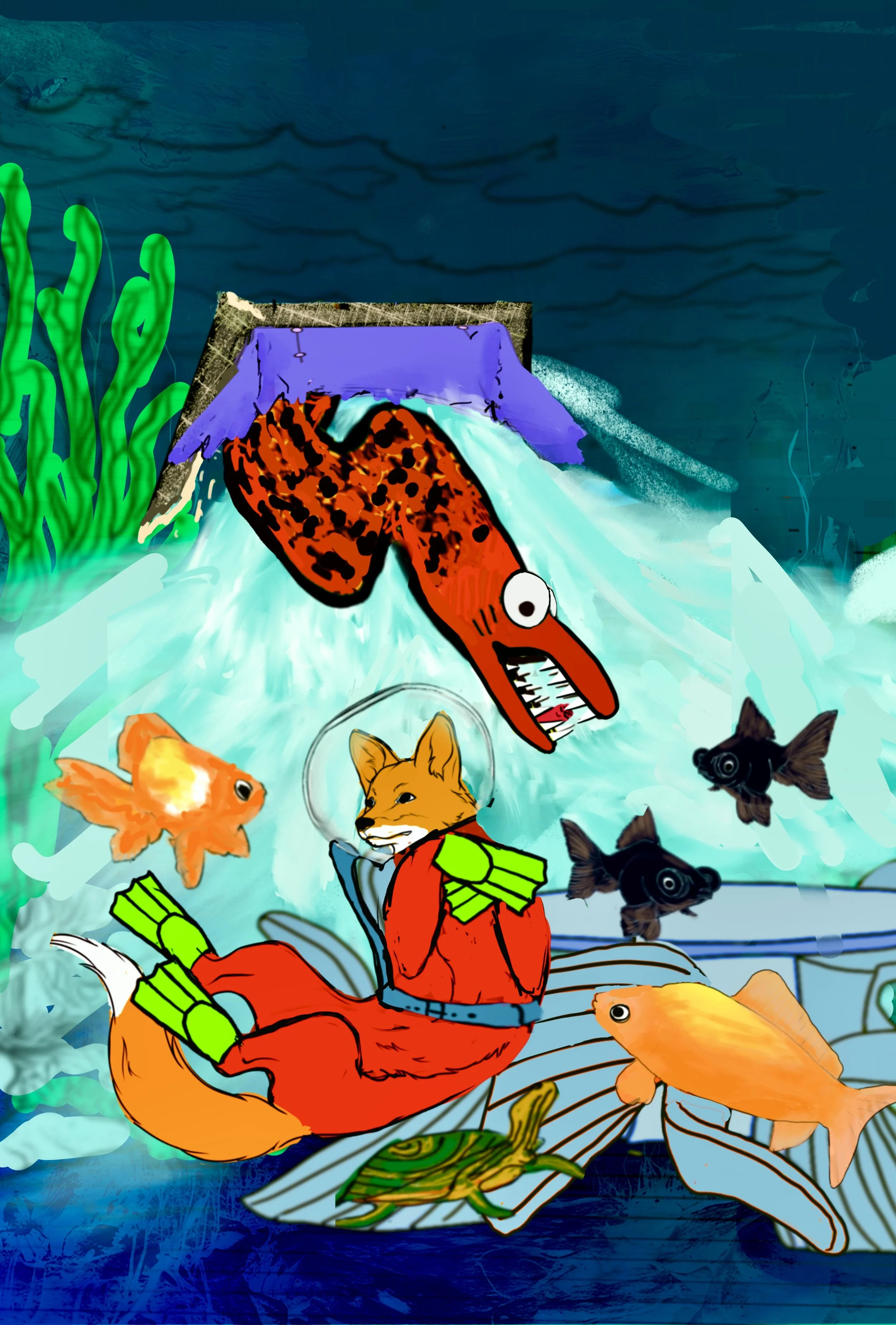Cartoon underwater scene with a red fish, a fox in a space helmet, a frog on a striped leaf, goldfish, black fish, and a large red sea creature with teeth, surrounded by green aquatic plants.
