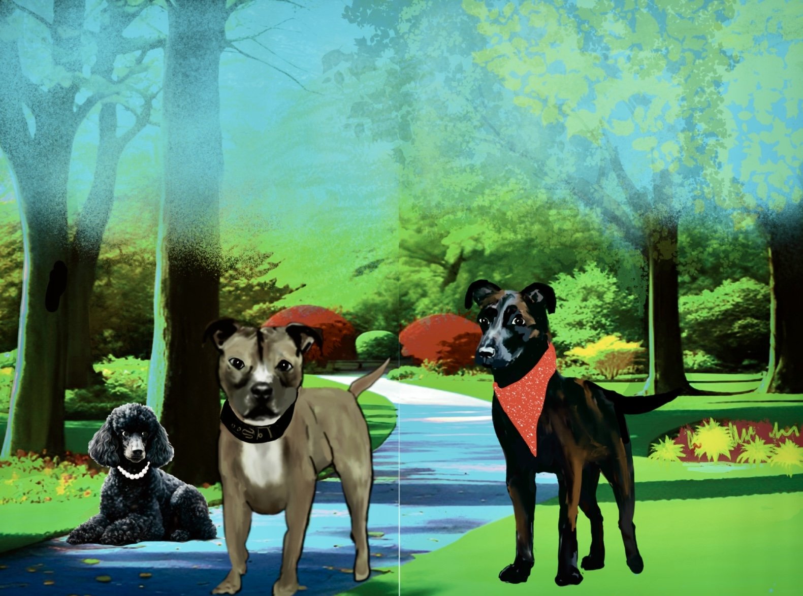 Colorful illustration of a lush forest with tall trees, a stream, and vibrant bushes. Three dogs are standing on the ground near the stream, with two standing and one lying down, all with different fur textures and colors.