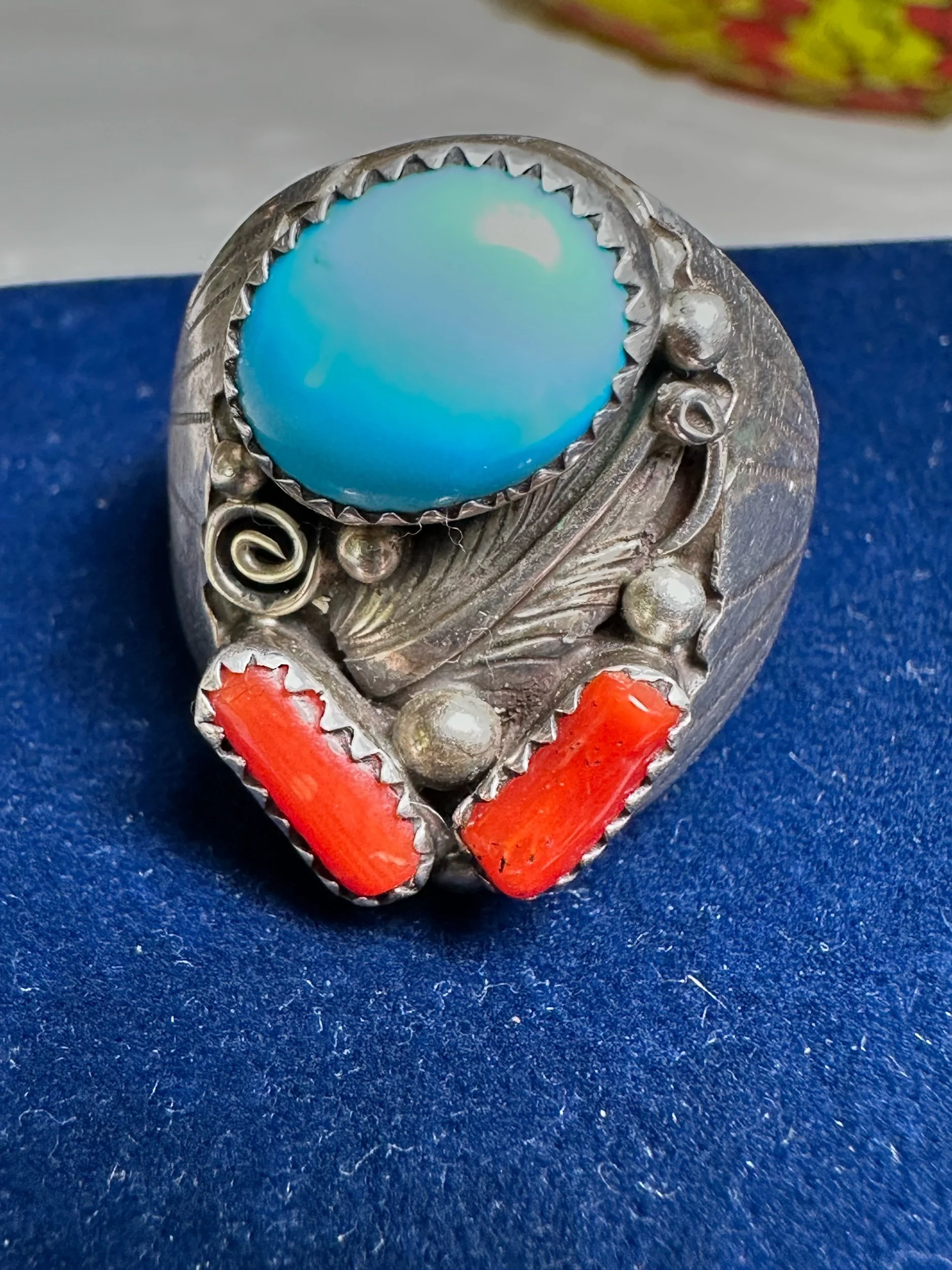 Turquoise & Coral Large Heavy Detailed Sterling Silver Ring with Makers Mark