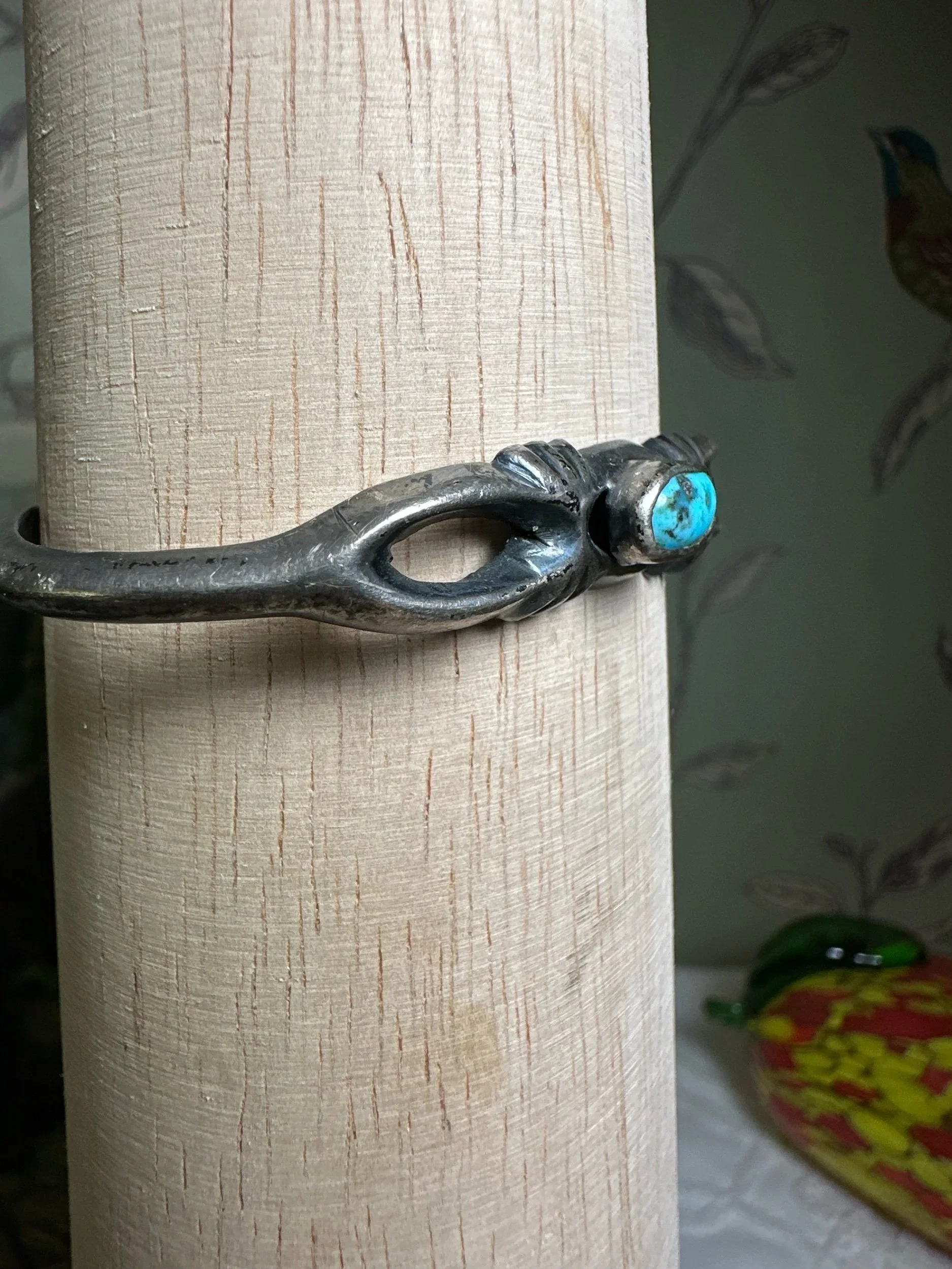Vintage Cast Sterling Silver Cuff Bracelet With Turquoise Stone