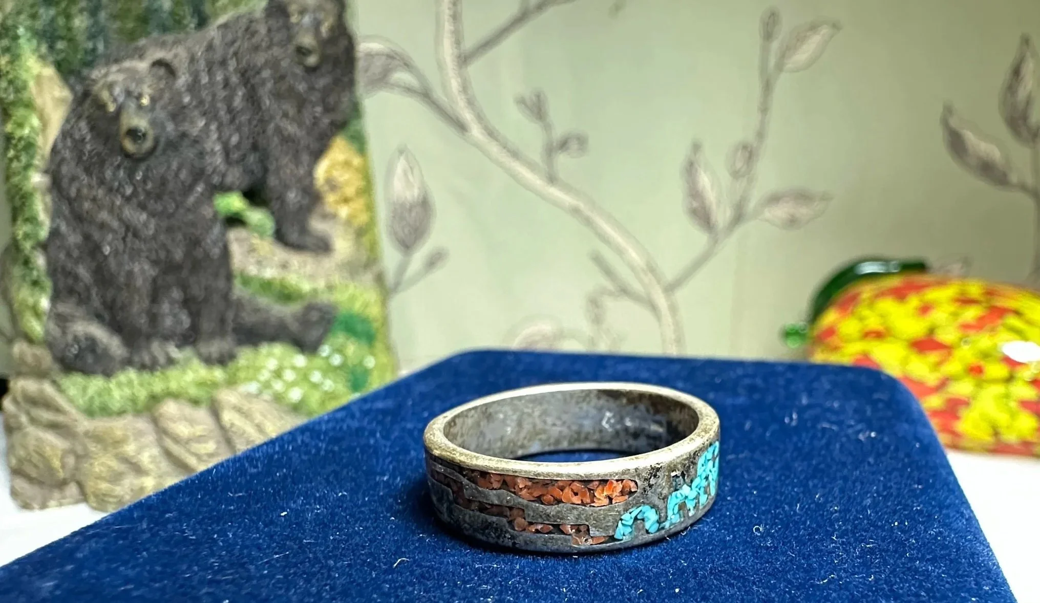 Crushed Turquoise & Coral Sterling Silver Ring with Makers Mark