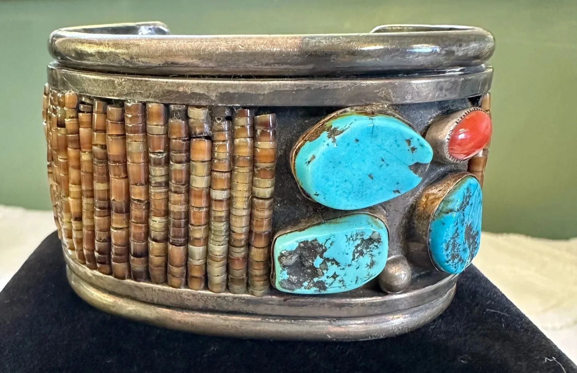 Heavy Sterling Heishe Coral & Multiple Turquoise Stone Cuff Bracelet