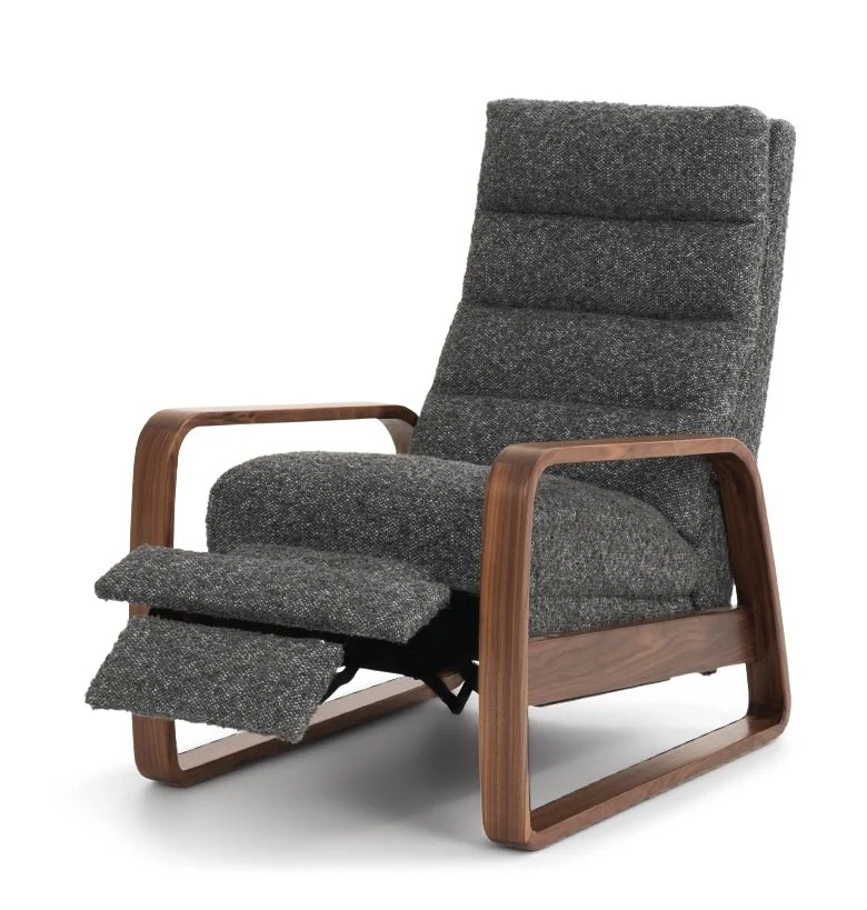 Modern recliner with sleek open arms in walnut and a dark gray channel back