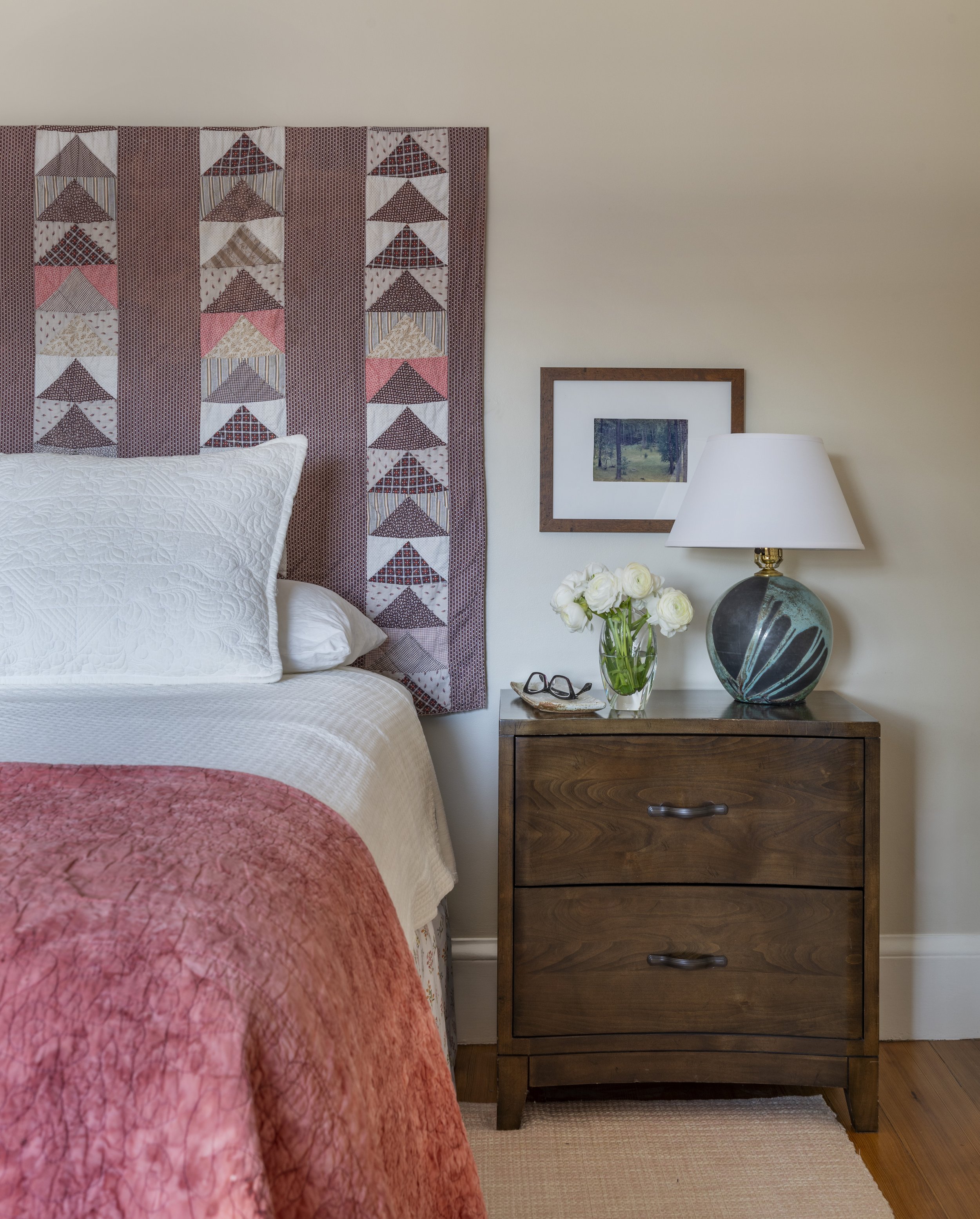 Cambridge bedroom vintage wood nightstand with raku ceramic lamp by AbbeyK Interior Design