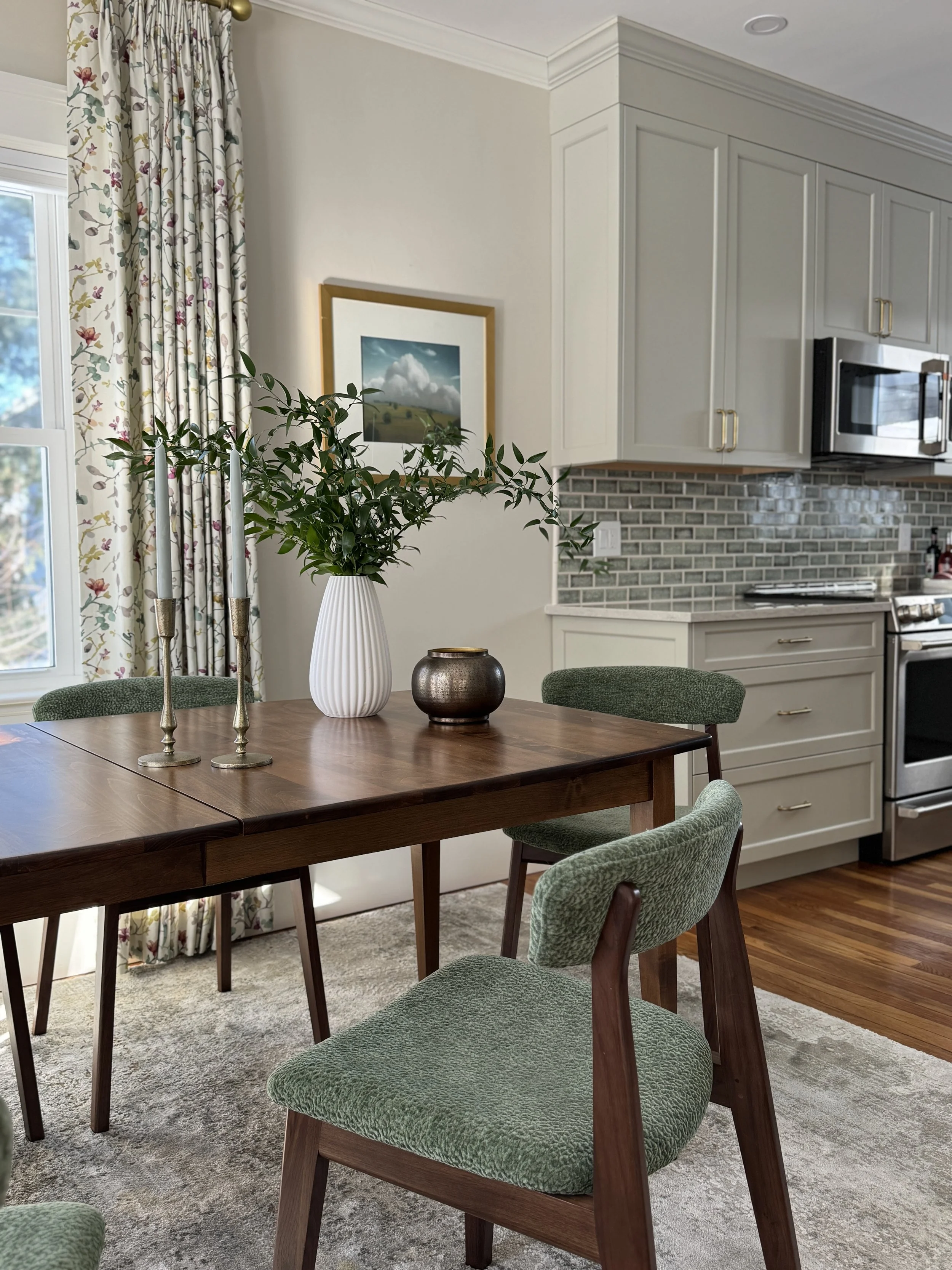 Arlington kitchen and dining room renovation showing dining table placement, drapery, and connection between spaces with improved flow
