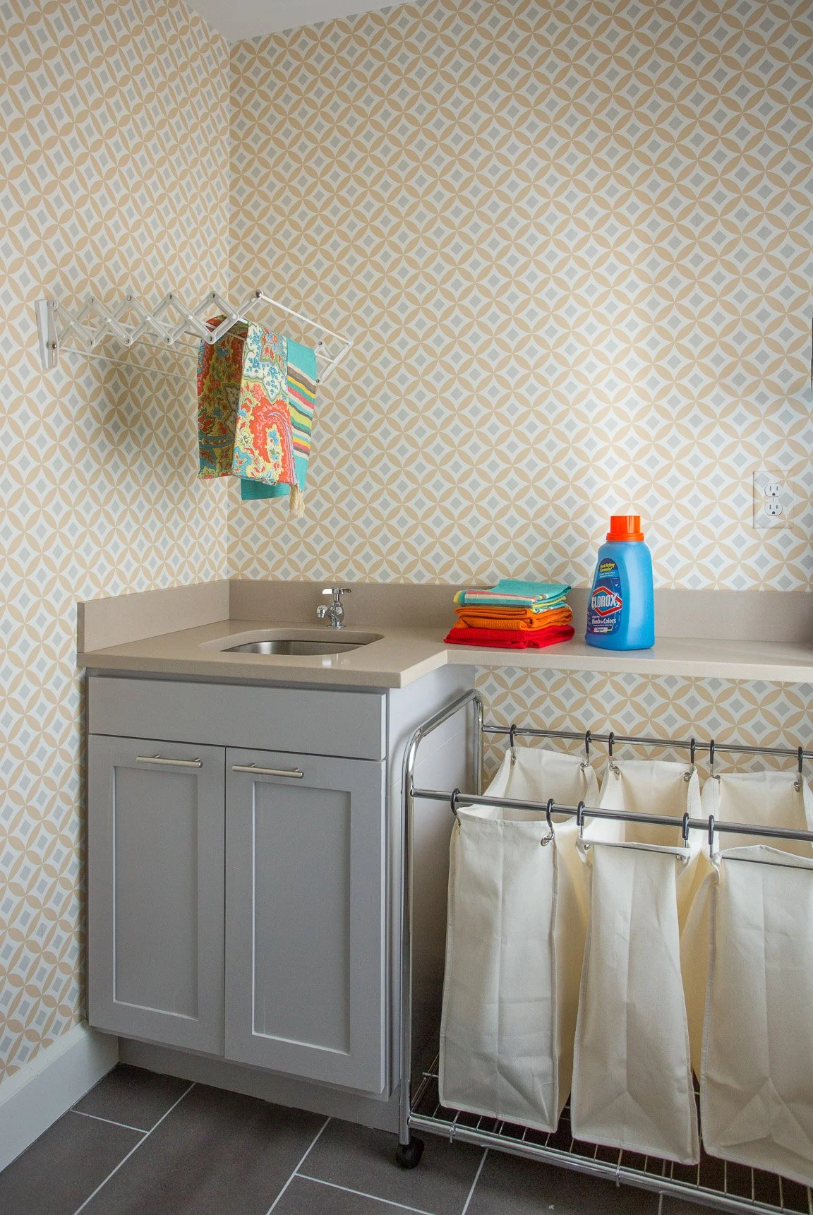 Needham new build with laundry room wallpaper and places for organization