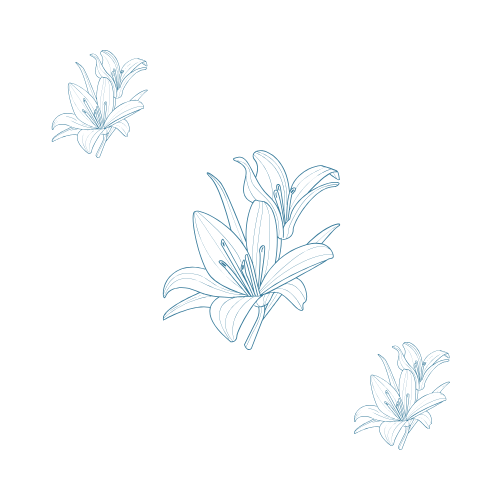 Outline illustrations of three lilies in blue on a black background.