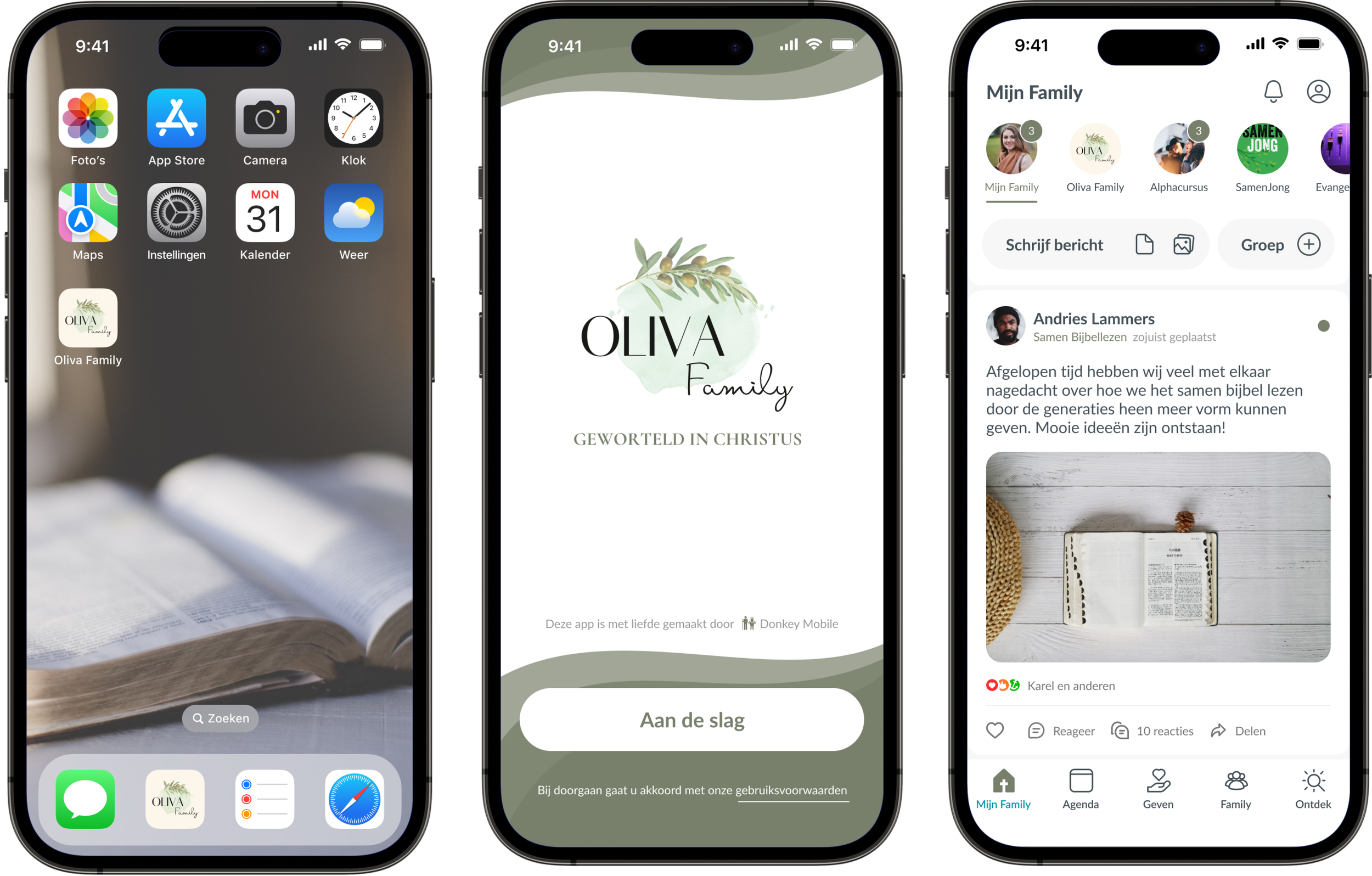 Screenshots of a mobile app titled 'Oliva Family' displayed on three smartphones. The first screen shows app icons on a home screen, including the 'Oliva Family' app icon. The second screen displays the app's welcome or login page with an olive branch illustration and the text 'Oliva Family' and 'Gewroeteld in Christus'. The third screen shows a family chat section within the app, titled 'Mijn Family', with messages, photos, and icons for various options at the bottom.