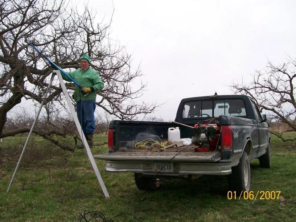 A man in a green jacket, blue jeans, and a green knit cap using long-handled pruning shears to trim a tree in an orchard. He is standing on a ladder next to a black pickup truck with an open bed, containing equipment and supplies. The scene is outdoors with leafless trees and overcast skies.