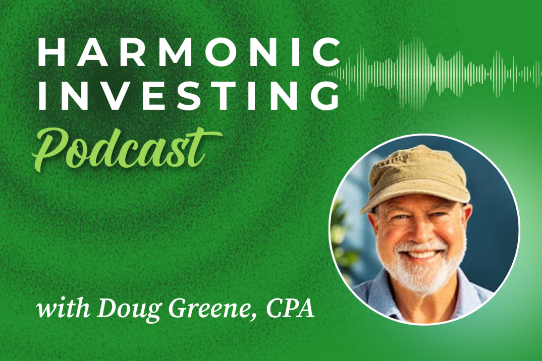 Podcast cover for 'Harmonic Investing Podcast' featuring a soundwave graphic, and the host Doug Greene, CPA of Greene & Company.