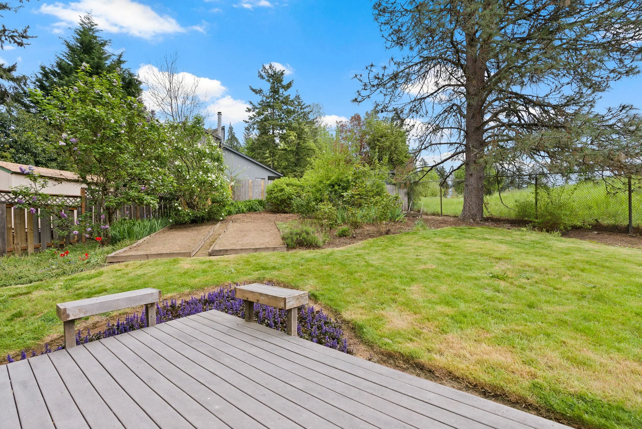 A backyard garden with a wooden deck, green lawn, shrubs, trees, and a vegetable bed, enclosed by a fence.