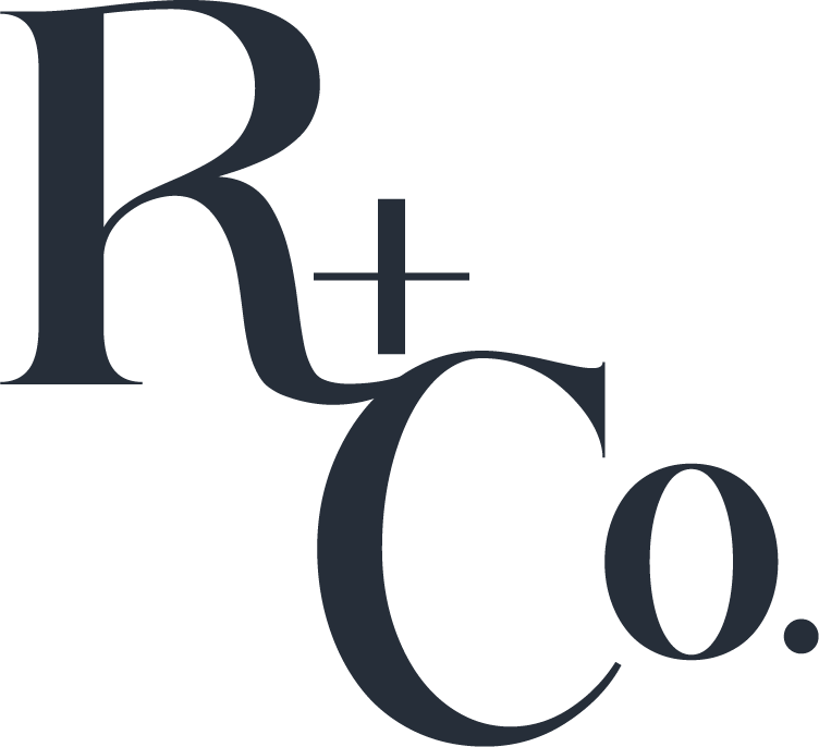 Graphic design with large stylized letters R, T, C, and a plus sign, and a period, in dark blue on a black background.