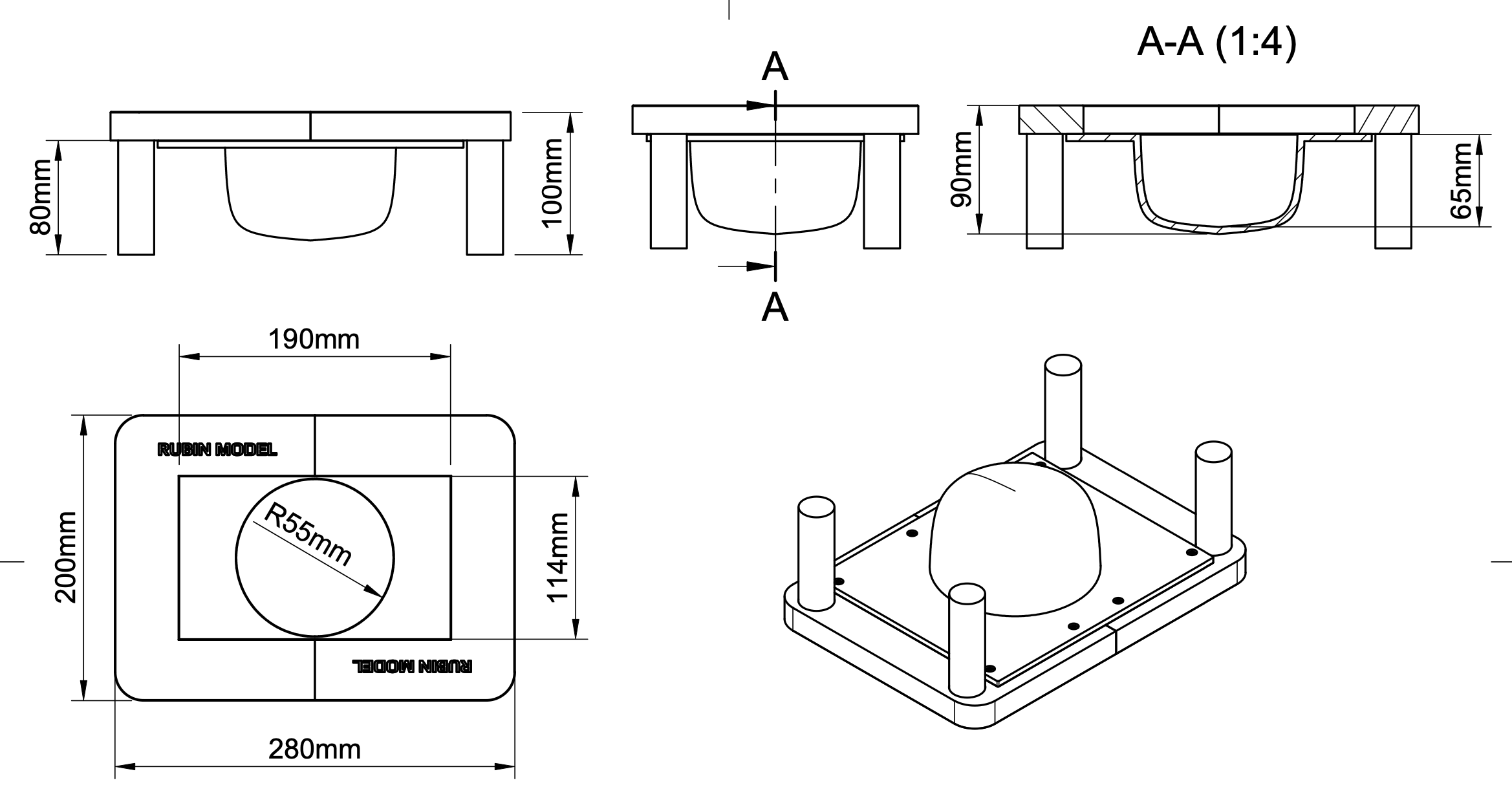 Technical drawing of a small platform with four cylindrical supports, a rounded protrusion in the center, and detailed measurements in millimeters.
