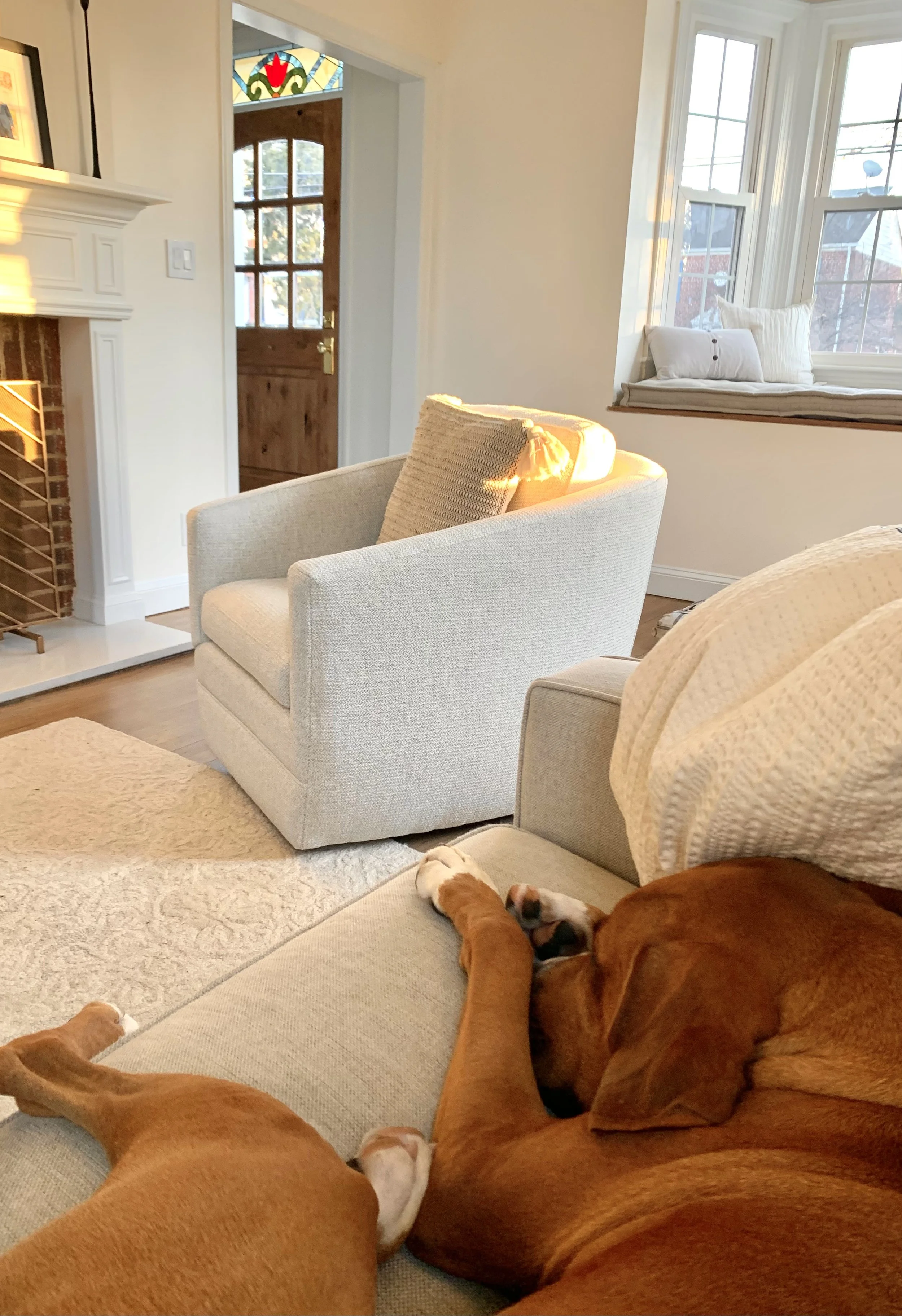 Northern Virginia living room with sunlight on a soft, neutral sofa with a dog shows everyday living featuring a beautifully renovated fireplace, a cozy window seat with pillows, and a front door with bespoke details like stained glass.