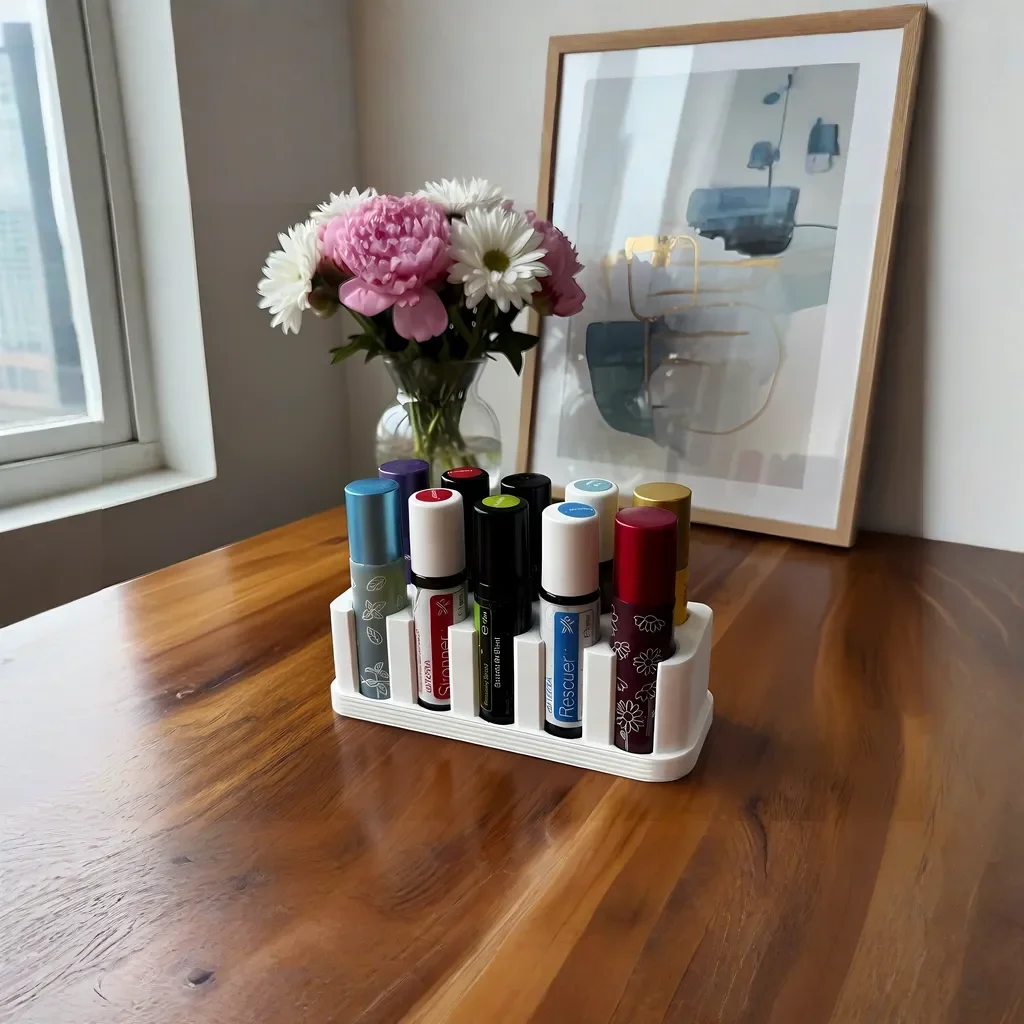 BloomGuard weißer doTERRA Roller Organizer mit farbigen Rollerfläschchen auf rustikalem Holztisch