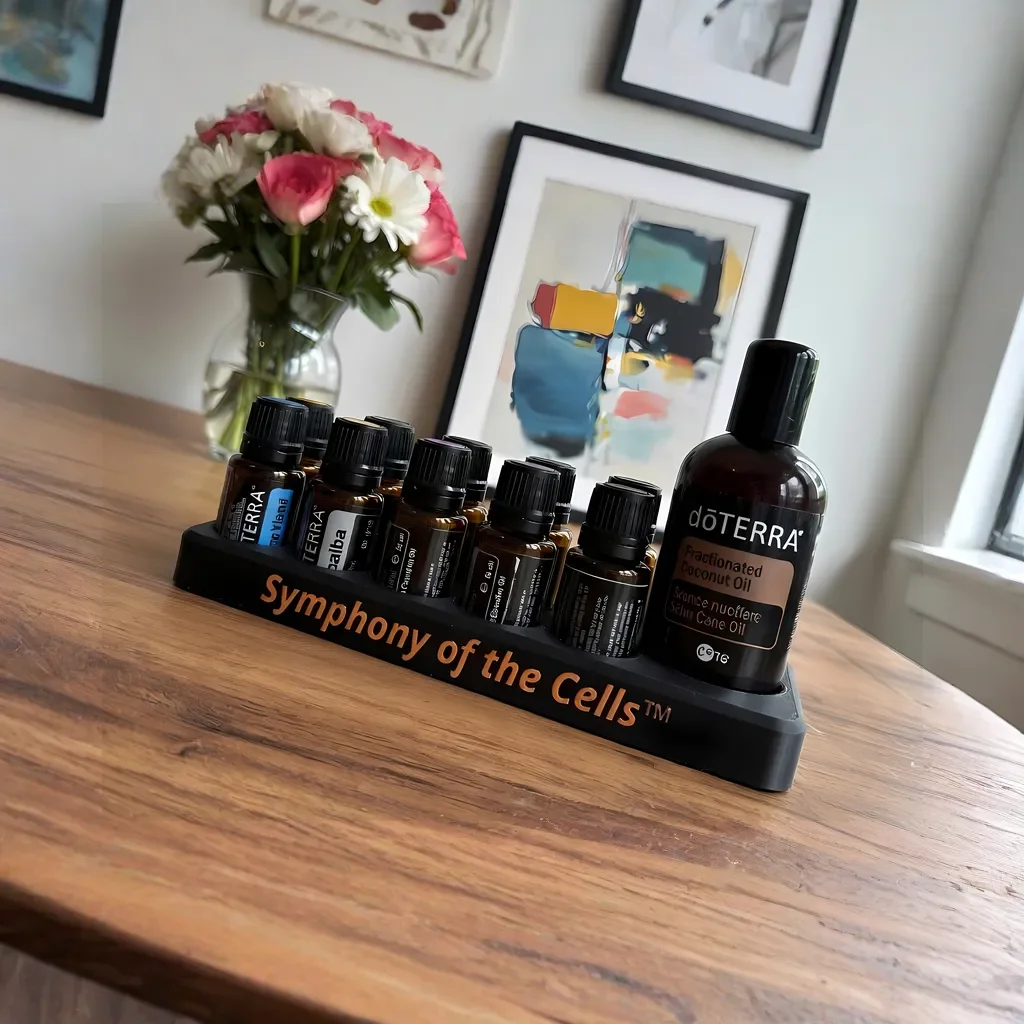 BloomCradle 3D-gedruckte doTERRA Aufbewahrung für Symphony of the Cells auf rustikalem Holztisch