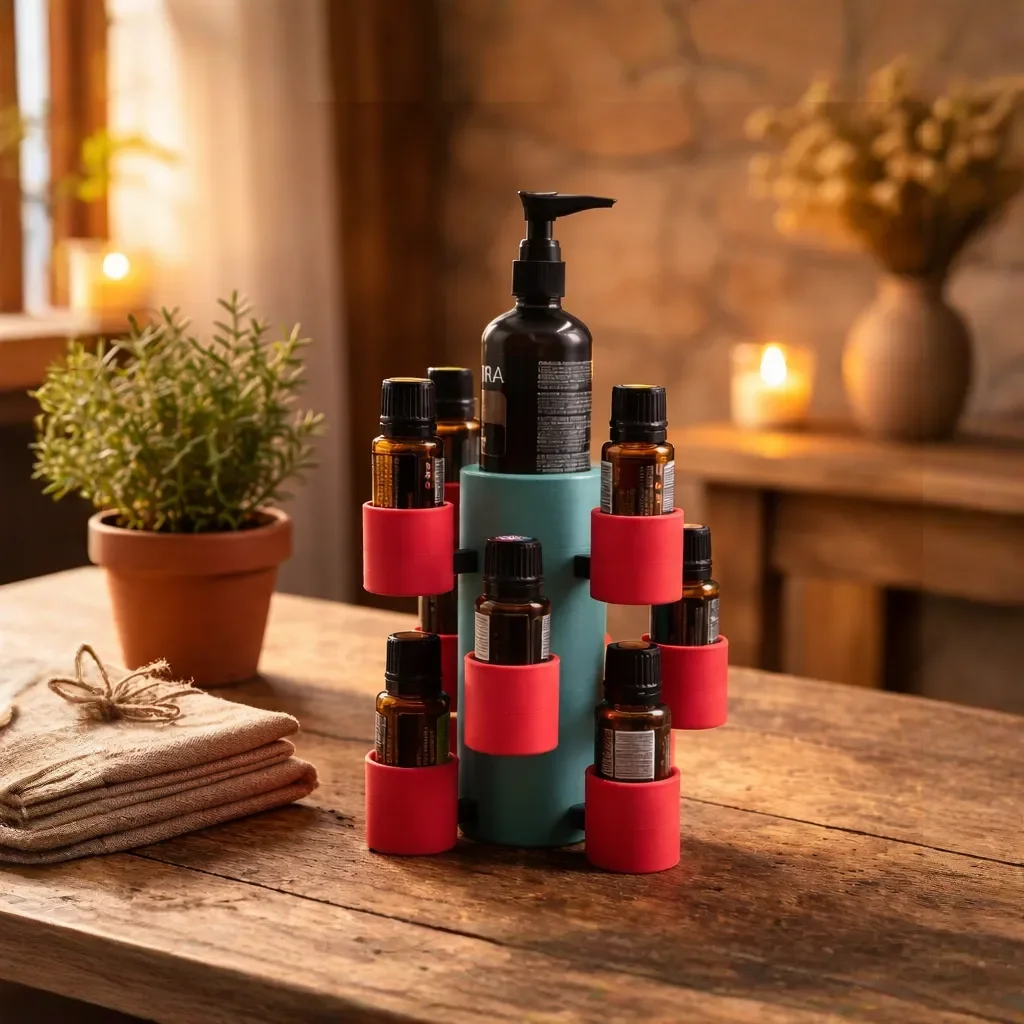 AuraBloom doTERRA Ölhalter Baum-Design mit Pumpflasche auf Holztisch – 3D-gedruckt in Bayern
