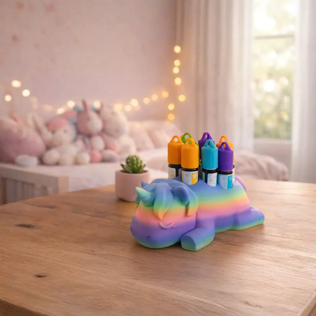 DreamCradle doTERRA Kids Kit Halter im Einhorn-Design mit 7 Roll-ons auf Holztisch im Kinderzimmer