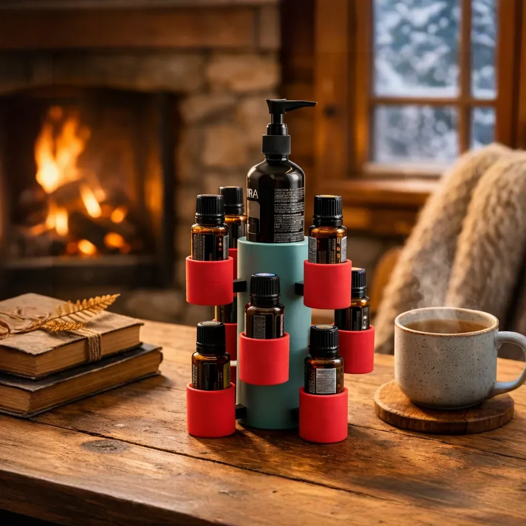 AuraBloom doTERRA Aufbewahrung Baum-Design auf rustikalem Holztisch vor gemütlichem Kamin