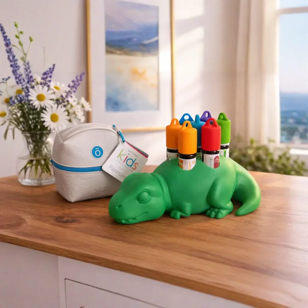 RexNest grüner 3D-gedruckter doTERRA Roller Halter im Dinosaurier-Design mit Kids Kit Zubehör