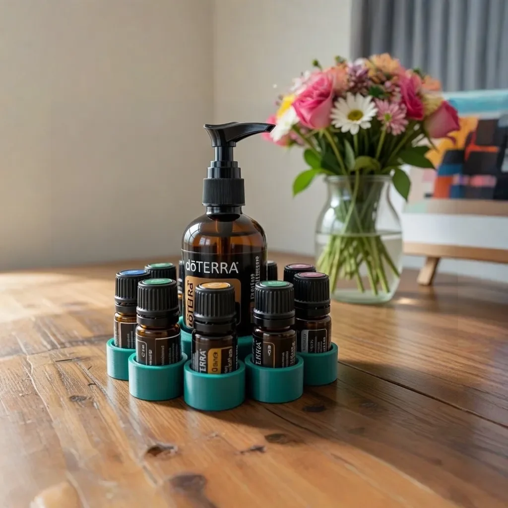 LotusCradle 3D-gedruckter doTERRA Organizer Ring-Design mit Pumpflasche und ätherischen Ölen