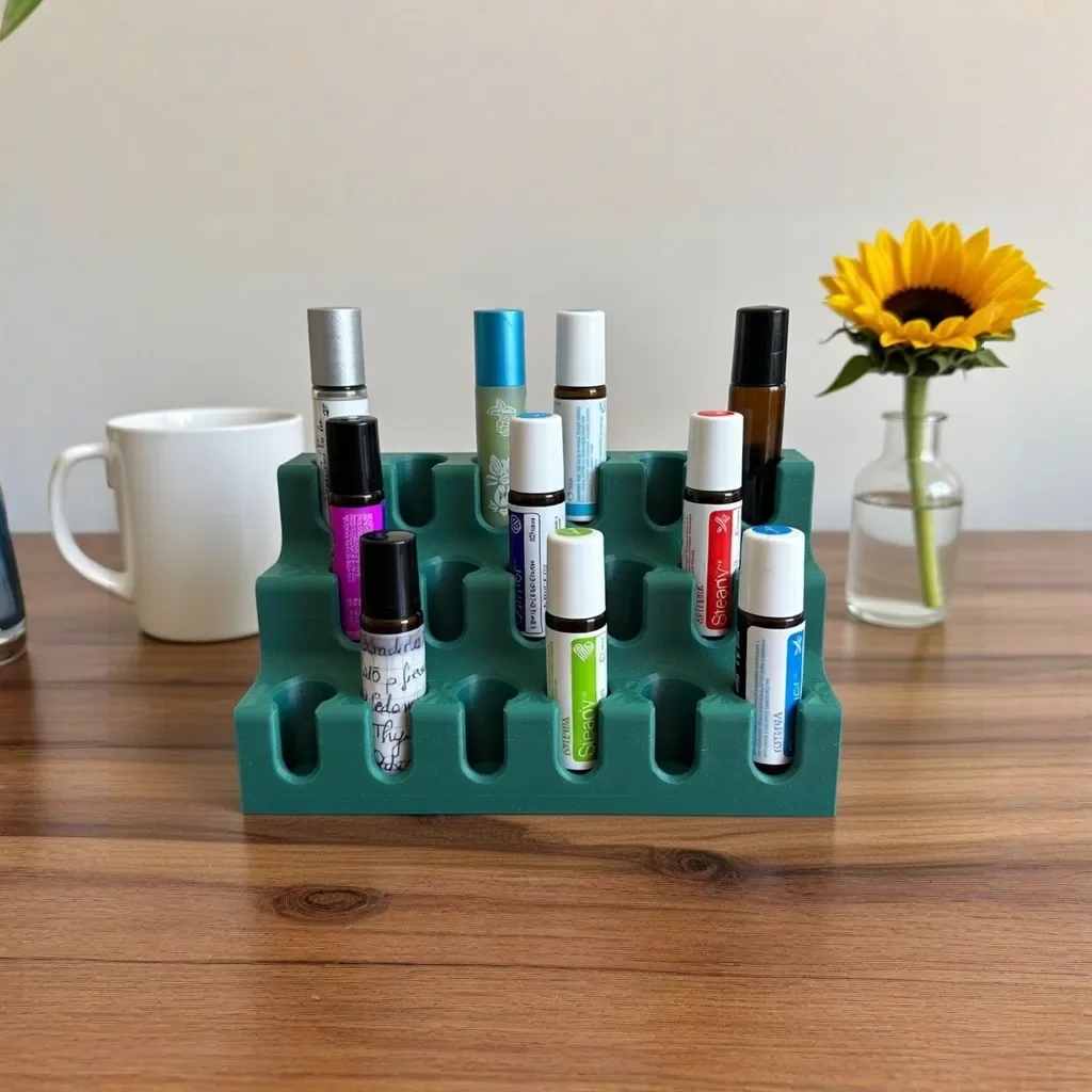 SerenityNest grüner doTERRA Roller Organizer mit ätherischen Ölen und Sonnenblume auf Holztisch