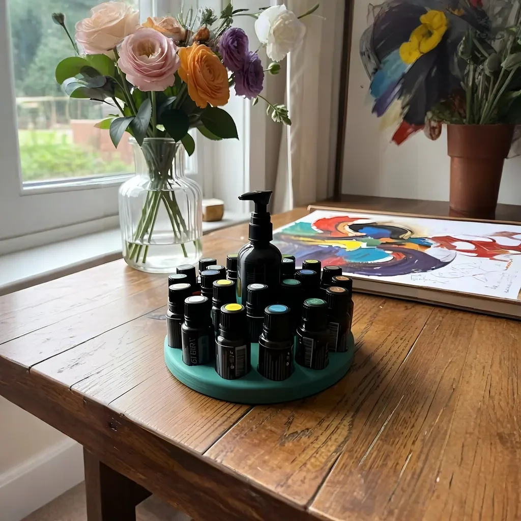 EssenceGuard doTERRA Aufbewahrung mit 15ml Fläschchen und Pumpe auf rustikalem Holztisch am Fenster