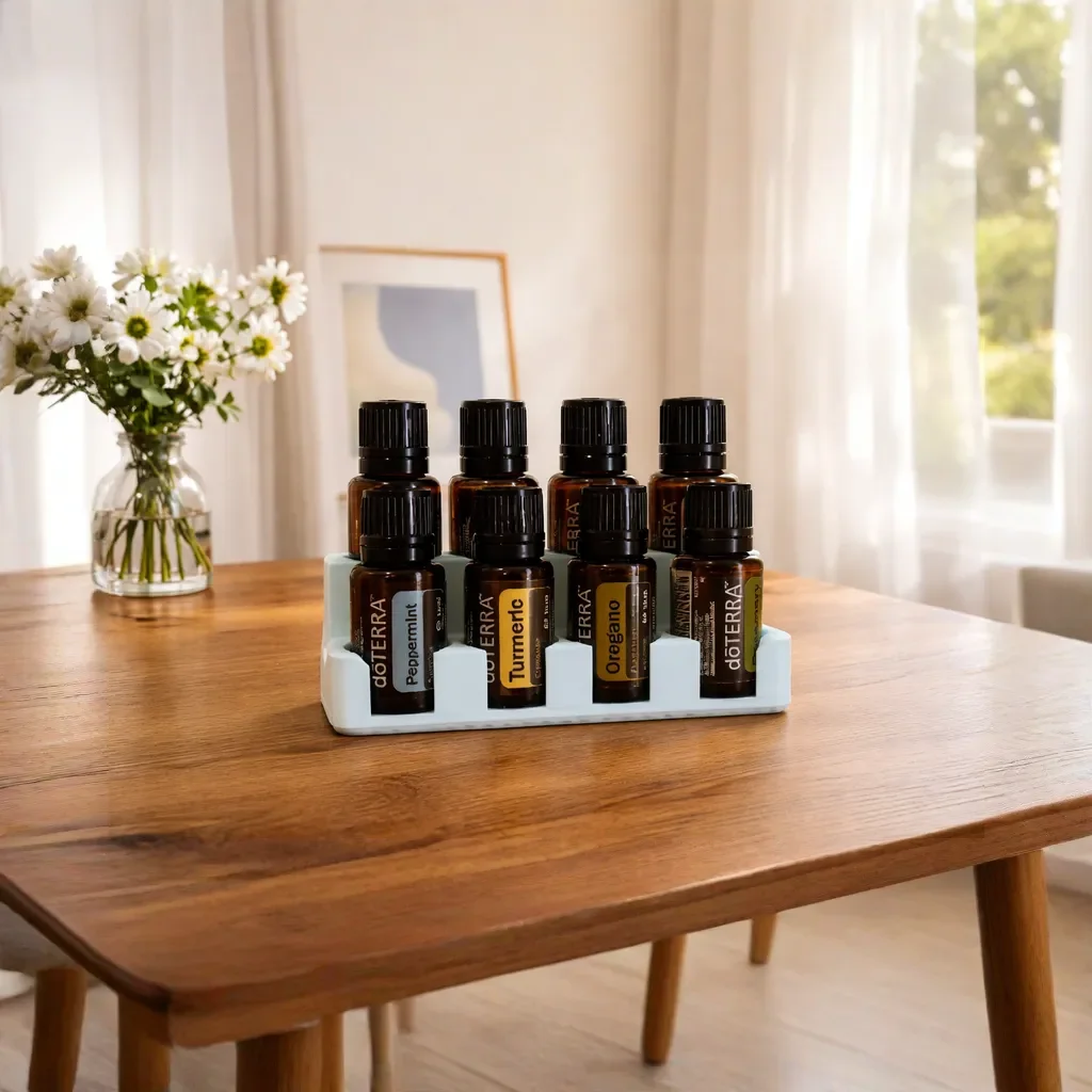 TranquilNest doTERRA AromaTouch Aufbewahrung mit ätherischen Ölen auf Holztisch am Fenster
