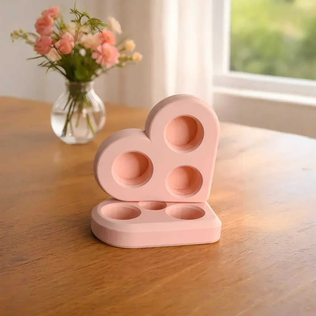 PetalCradle 3D-gedruckter doTERRA Ölhalter in Herzform Rosa – leer auf Holztisch mit Blumen