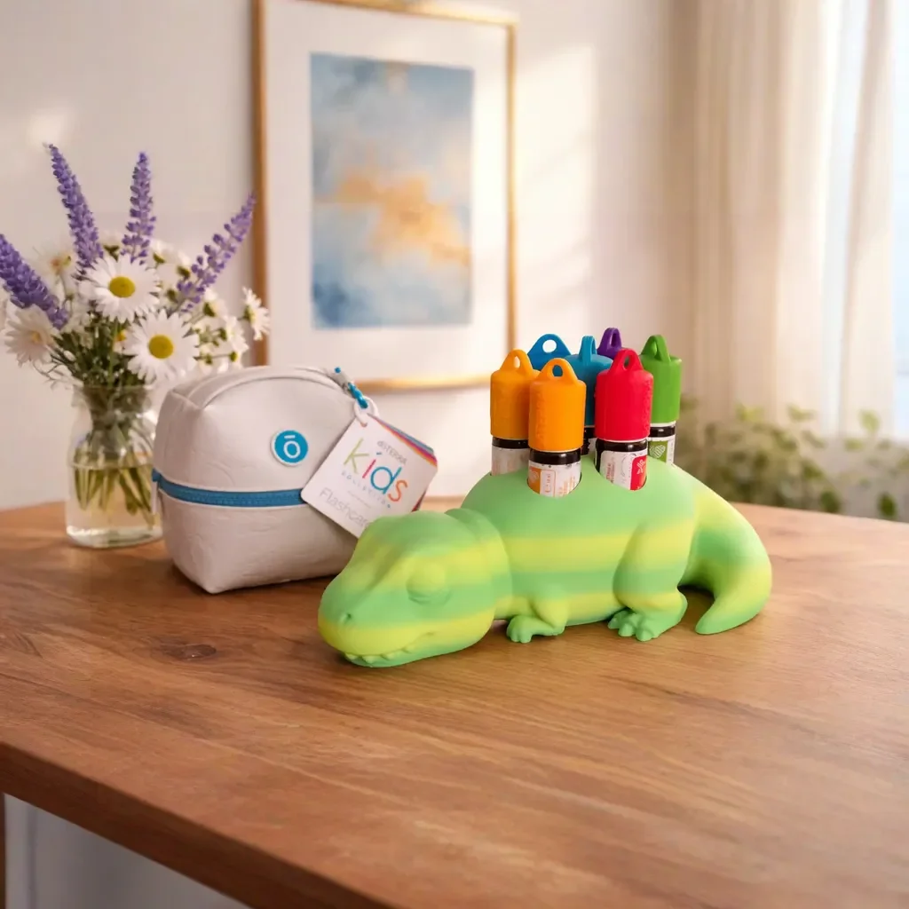 RexNest doTERRA Kids Kit Organizer im Dinosaurier-Design mit Kids Kollektion Tasche auf Holztisch