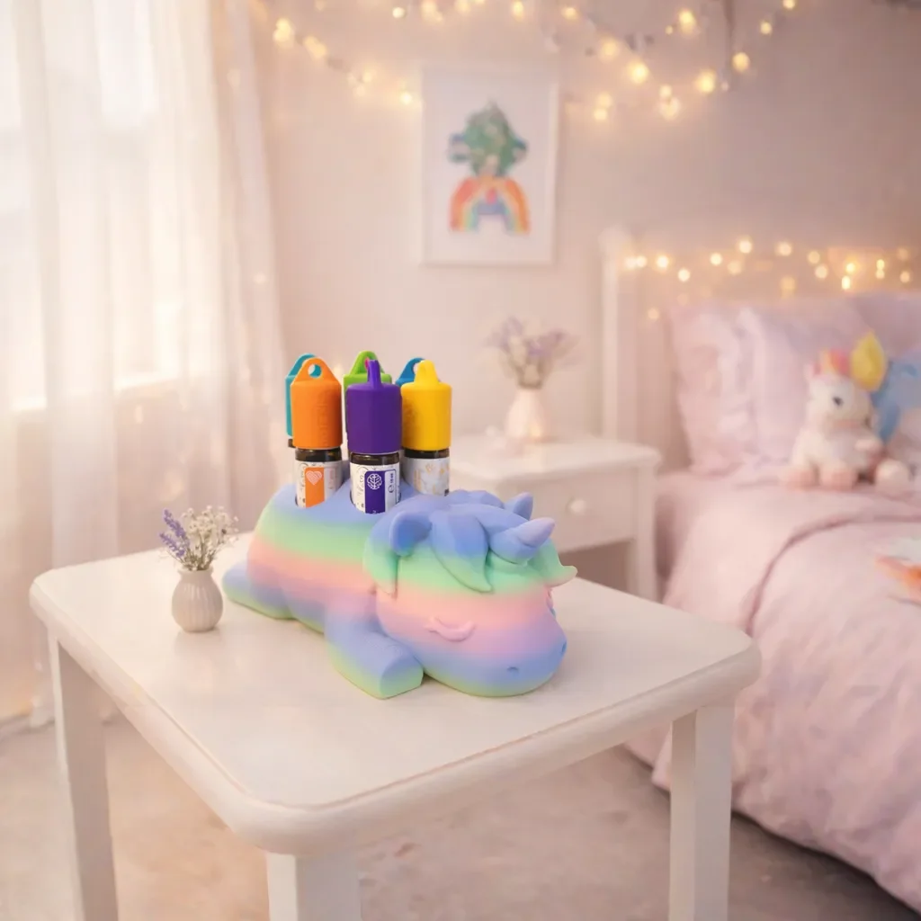 DreamCradle doTERRA Kids Kit Aufbewahrung Einhorn-Design auf Nachttisch im Mädchenzimmer