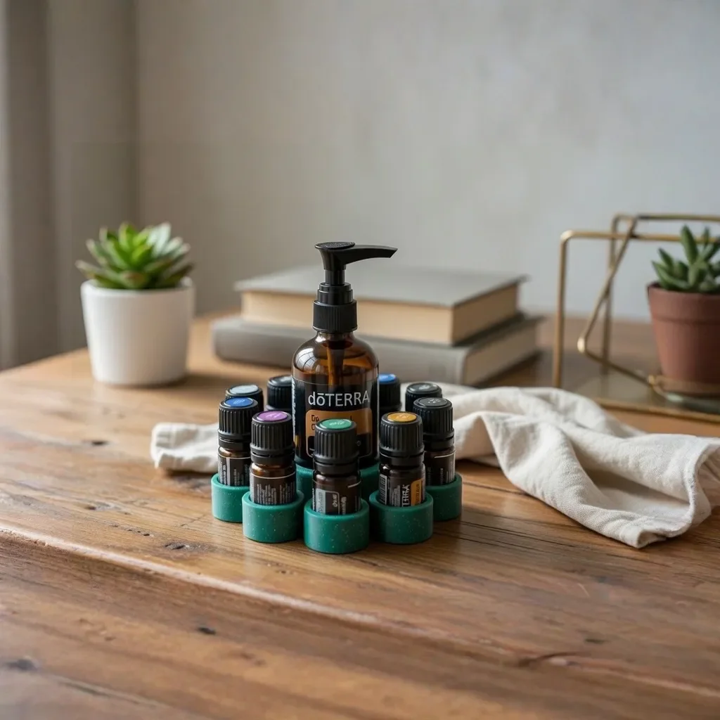 LotusCradle doTERRA Ölhalter Ring-Design in Grün mit 5ml Fläschchen und Pumpe auf Holzschreibtisch