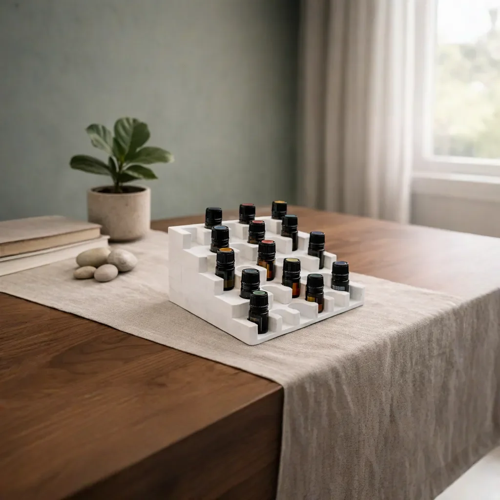 EssenceCradle doTERRA Aufbewahrung im Treppendesign mit ätherischen Ölen auf Holztisch am Fenster