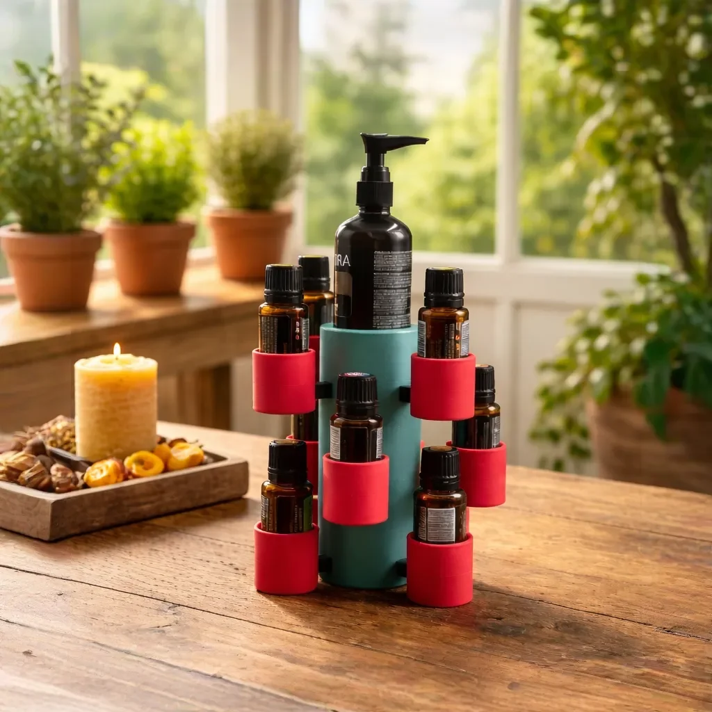 AuraBloom doTERRA Ölhalter im Baum-Design mit 12 Fläschchen und Pumpe auf Holztisch am Fenster