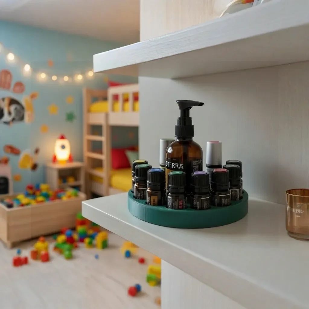 HarmonyTray 3D-gedruckter doTERRA Organizer auf Kinderregal – praktische Ölaufbewahrung im Kinderzimmer