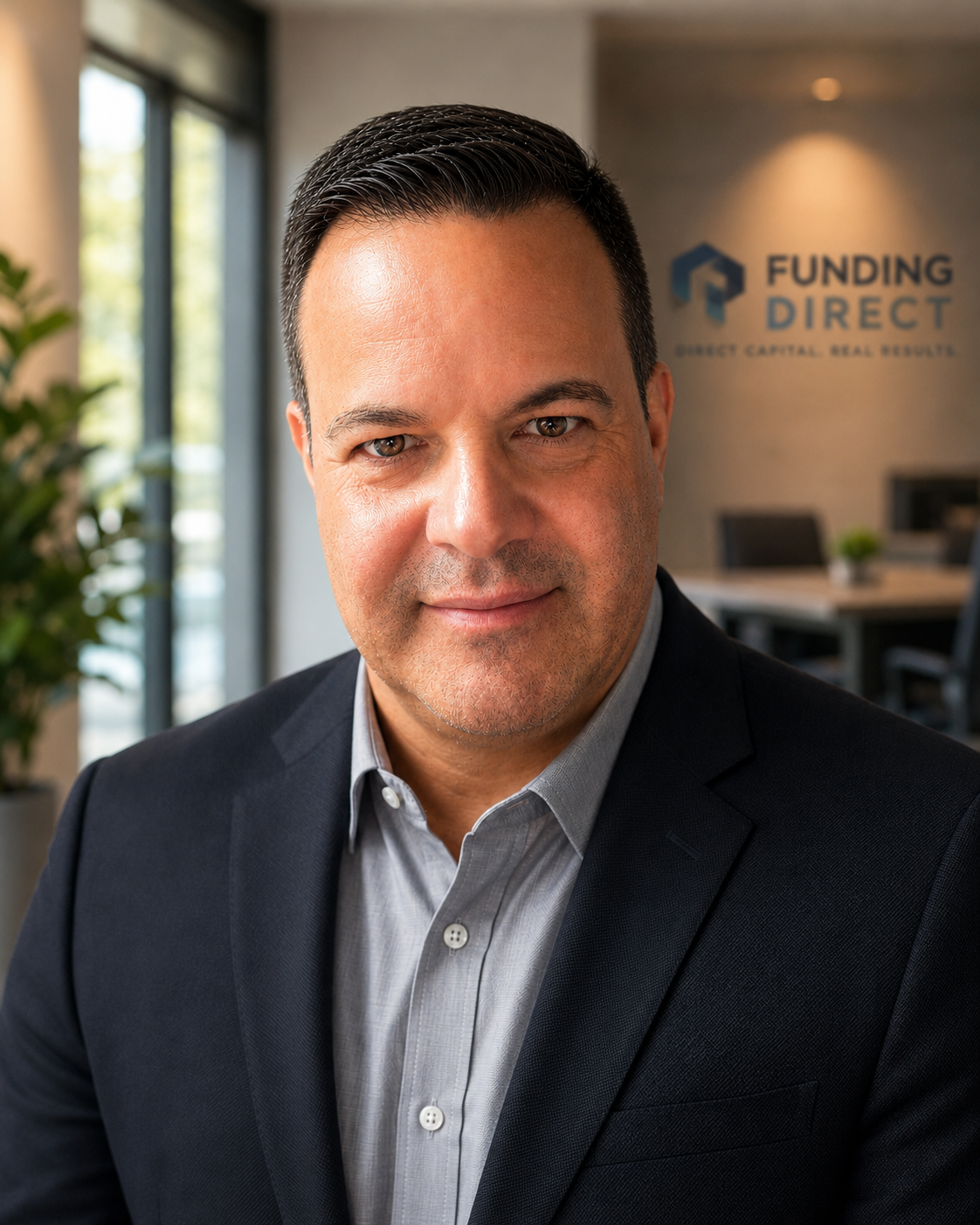 Professional man in suit smiling in an office with a Funding Direct sign in the background.