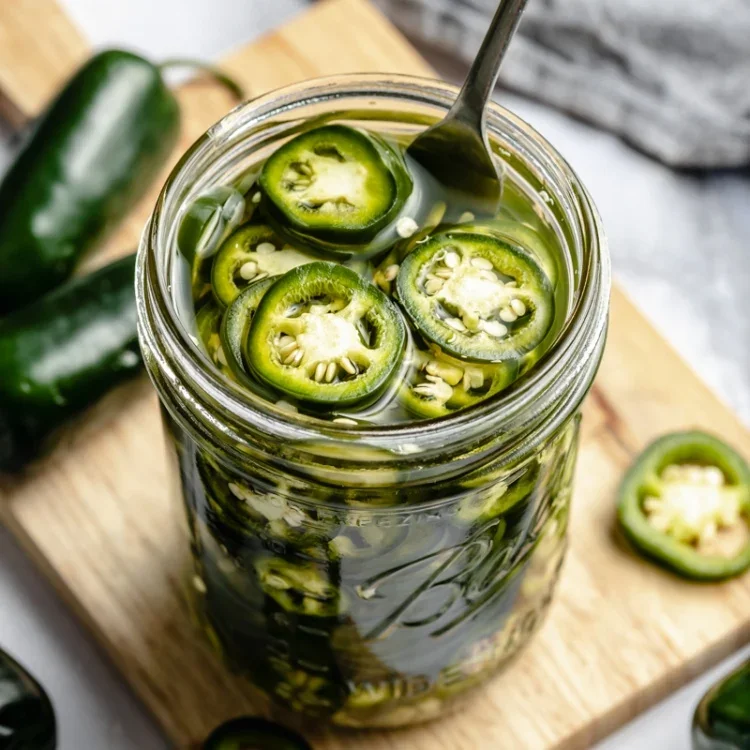 Glas met ingelegde groene jalapeño pepers en een lepel, op een houten snijplank naast hele pepers.