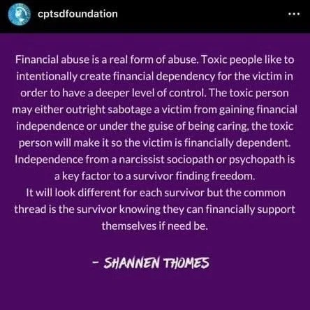 Text graphic explaining how financial abuse is a form of abuse, manipulation for control, and the importance of financial independence for survivors.