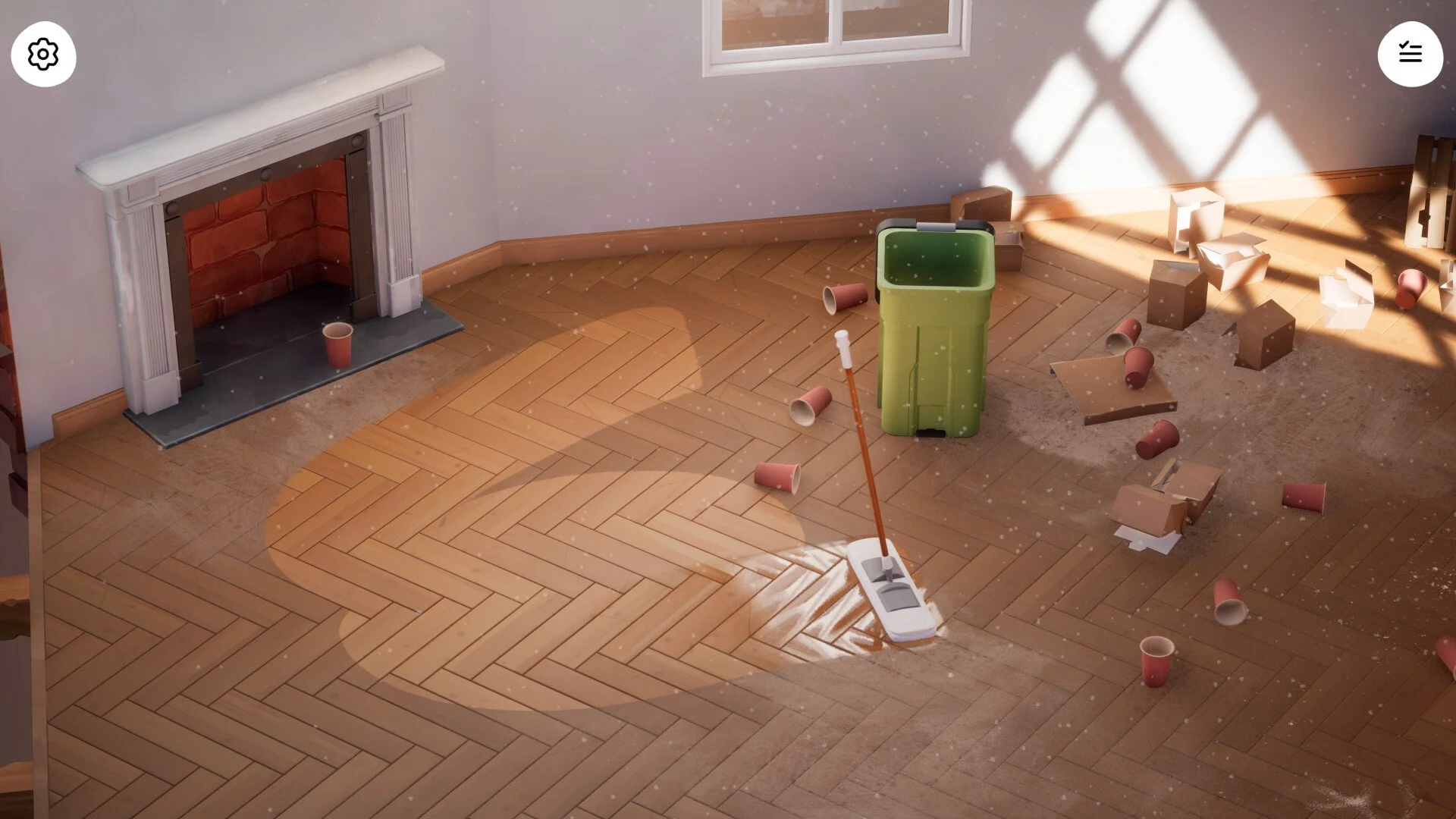 Hozy cozy cleaning game review showing a restored room with furniture and decorations.