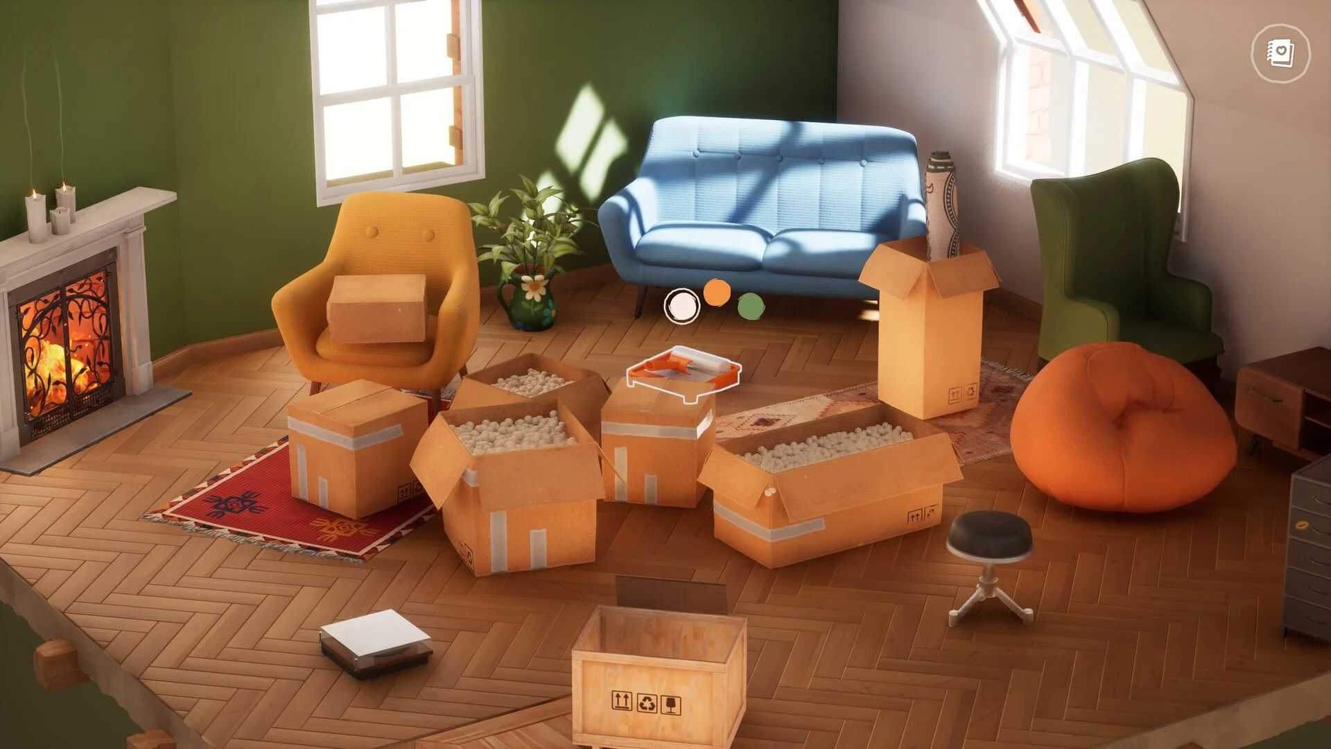 Hozy gameplay screenshot showing a cozy room being cleaned and decorated.