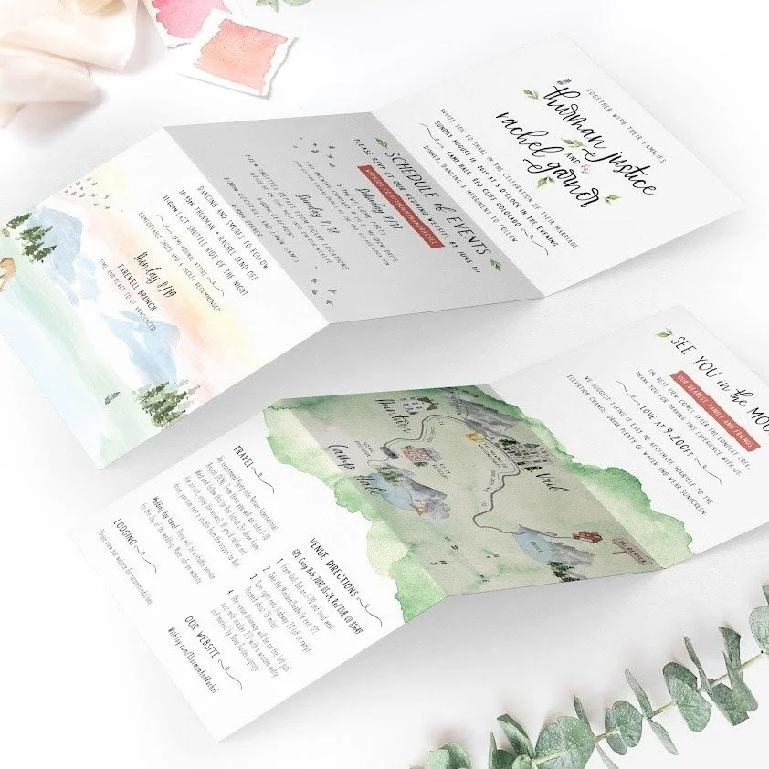 Trifold invitations are truly swoon-worthy.

They give you space to beautifully share every detail &mdash; from weekend event timelines to custom map moments &mdash; all in one unfolding experience.

Perfect for weekend weddings and such a fun surpri