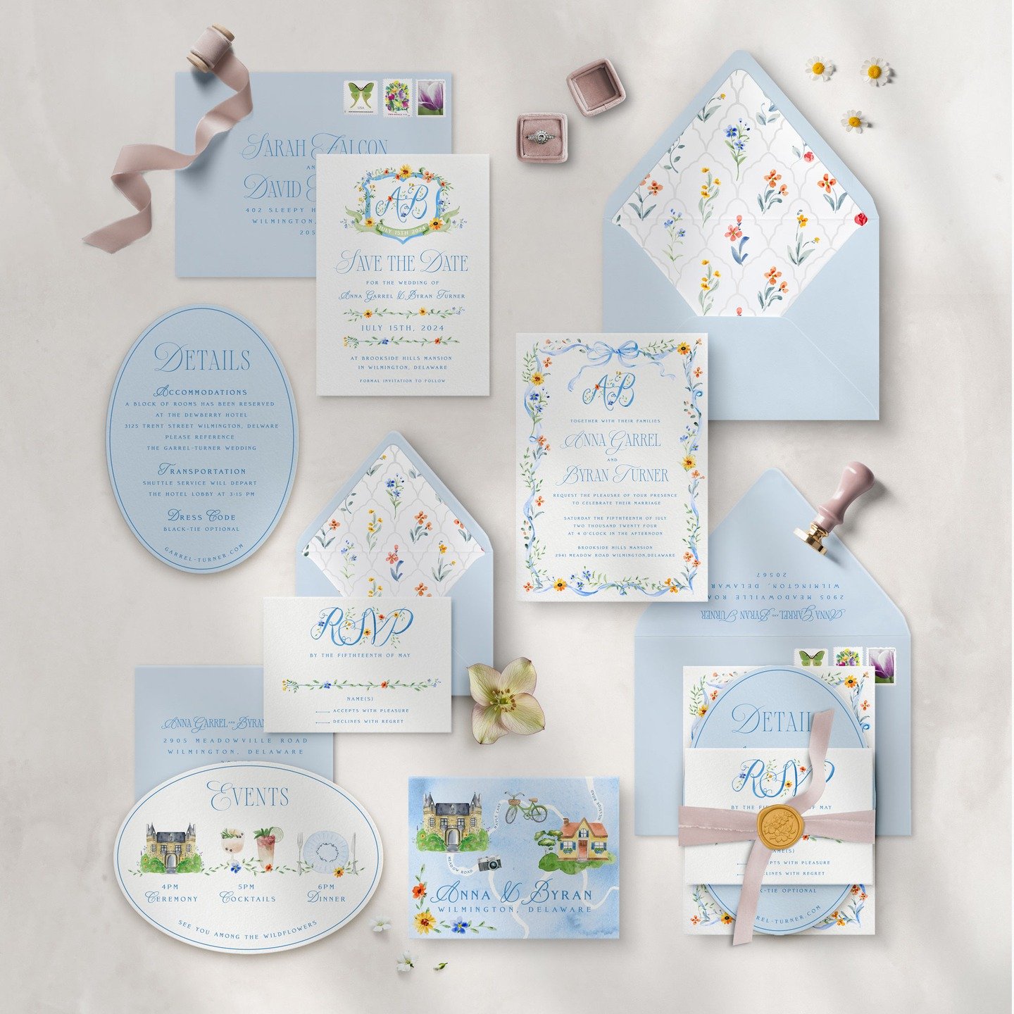 It&rsquo;s the little details that make a suite feel so special.

Delicate watercolor florals weave through the invitation, envelope liner, monogram, and RSVP, while soft shades of blue set the tone. 

Tucked together with layers of detail cards, rib
