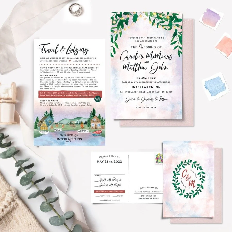 A beautiful lakeside suite for Caroline &amp; Matt&rsquo;s wedding at Interlaken Inn.

We brought their vision to life with soft watercolor pastels, enchanting bistro lights, and a map detail to tie it all together. Romantic, relaxed, and perfectly s