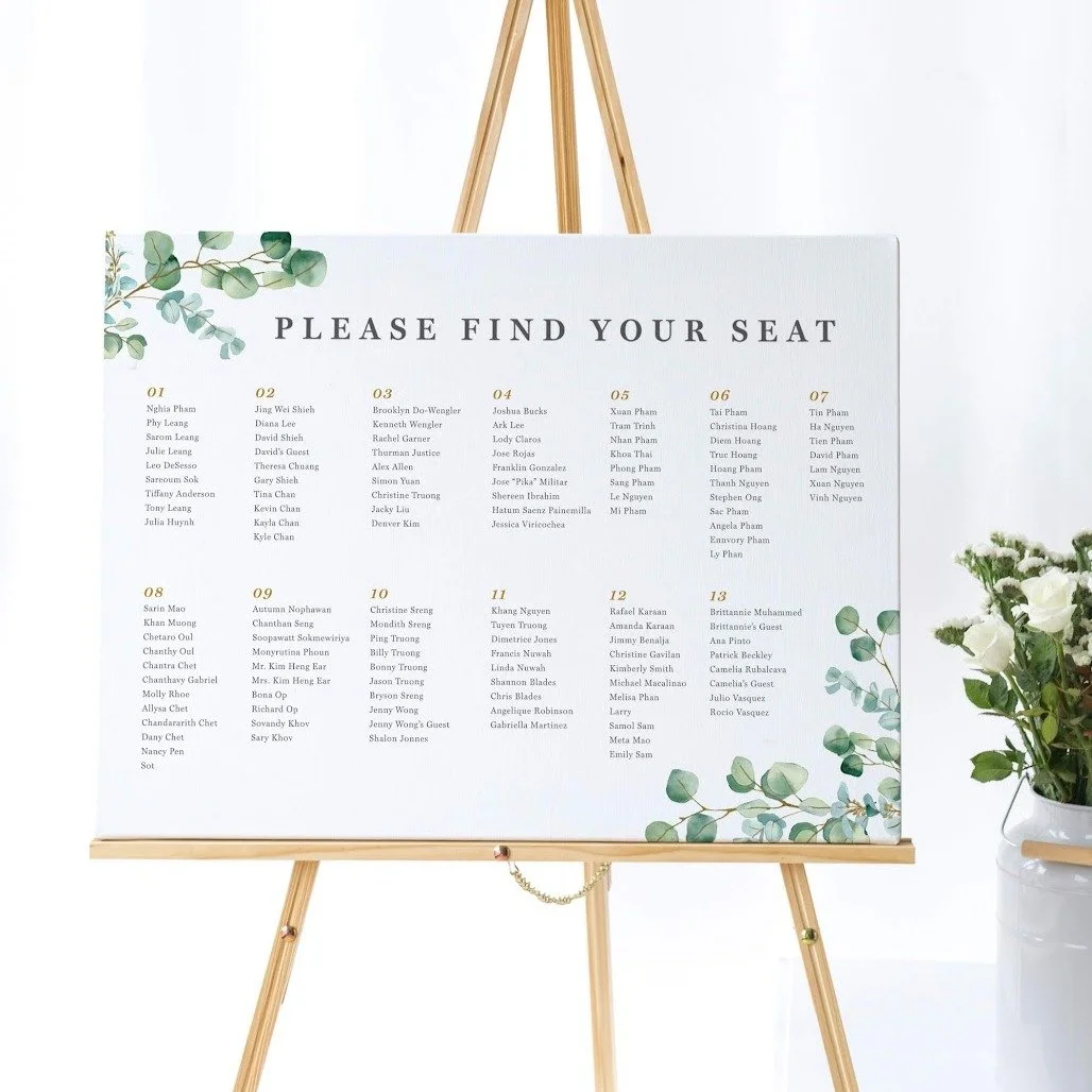 Beautiful, clean seating charts to help all the aunts, cousins, and friends find their way.

Thoughtful design meets practical detail &mdash; because even the functional pieces can feel elevated.

#seatingchart
#weddingstationery
#weddingdecor
#dayof