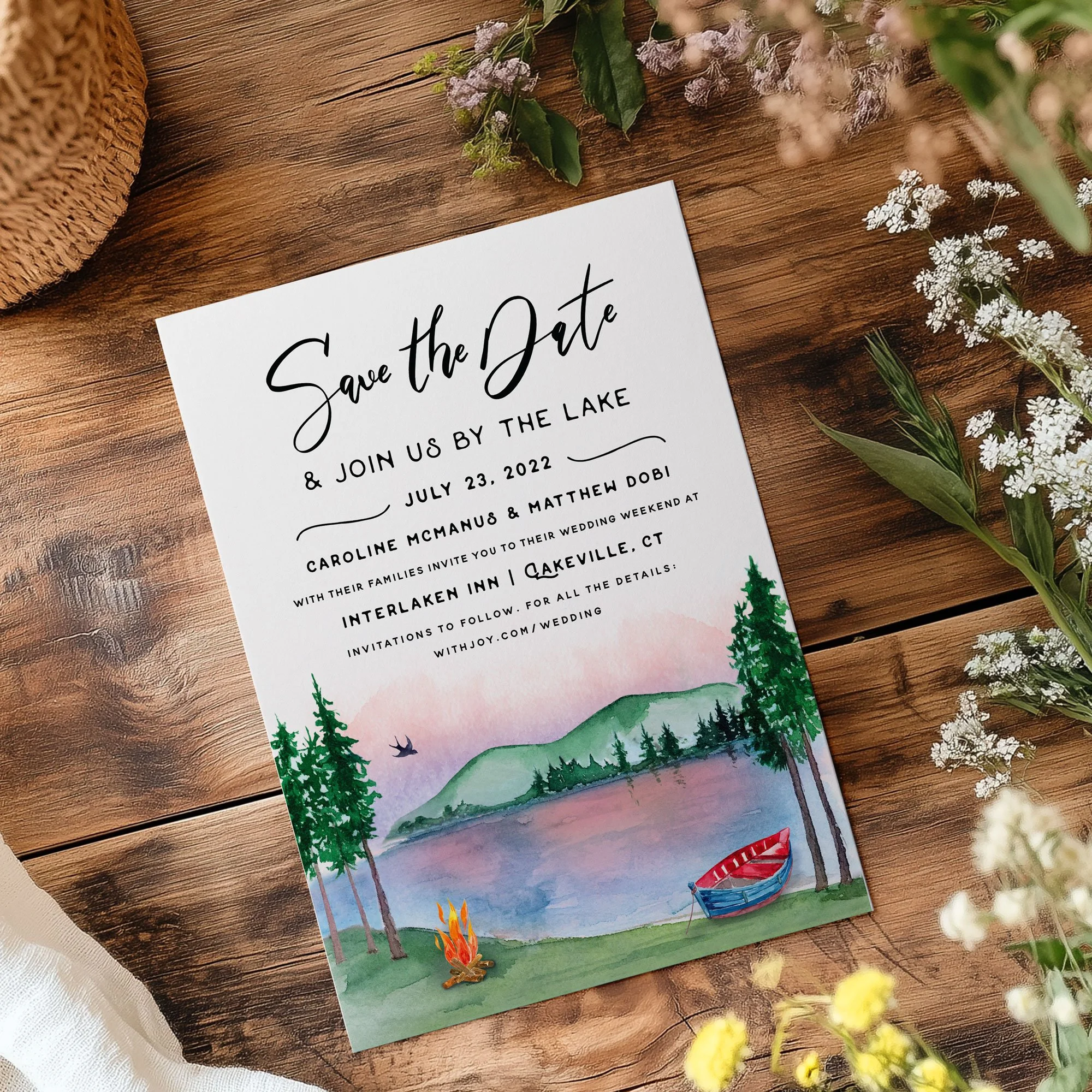 A custom venue illustration always gets us 🥹

From the sunset lake views to the canoe, campfire, and even the little birdie, every detail was inspired by the beautiful Interlaken Inn and the wedding weekend our couple had planned.

It's one of our f