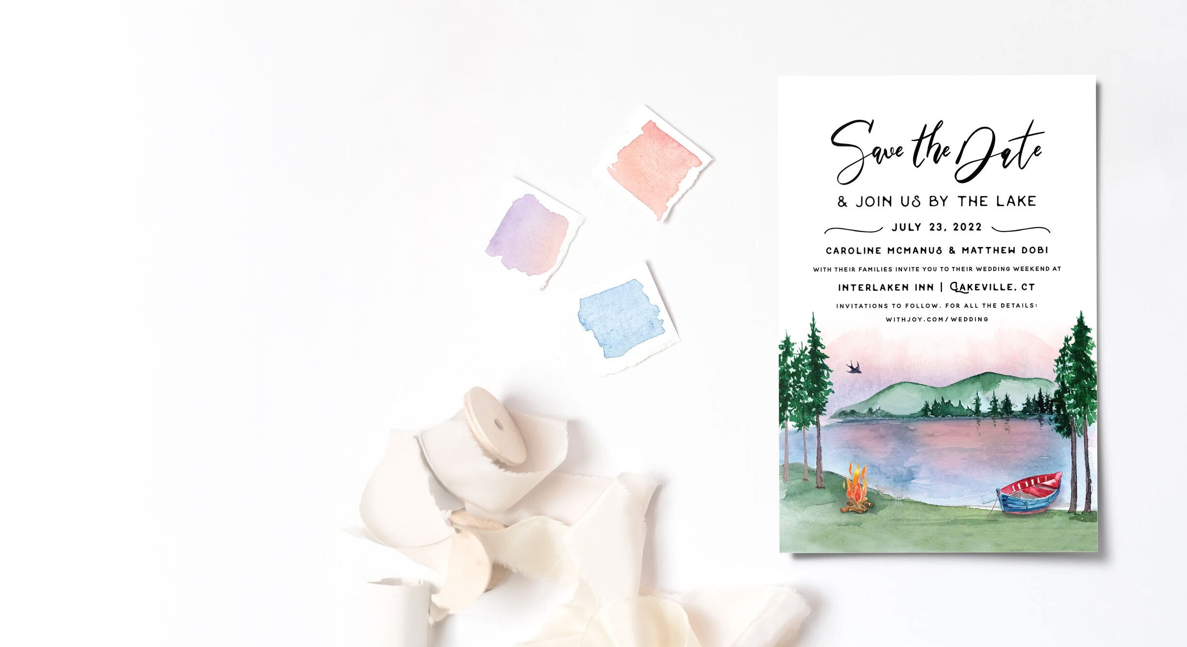 Watercolor wedding invitation with lake scene, trees, boat, campfire, and mountains. Lake side wedding at Interklaken Inn, CT.